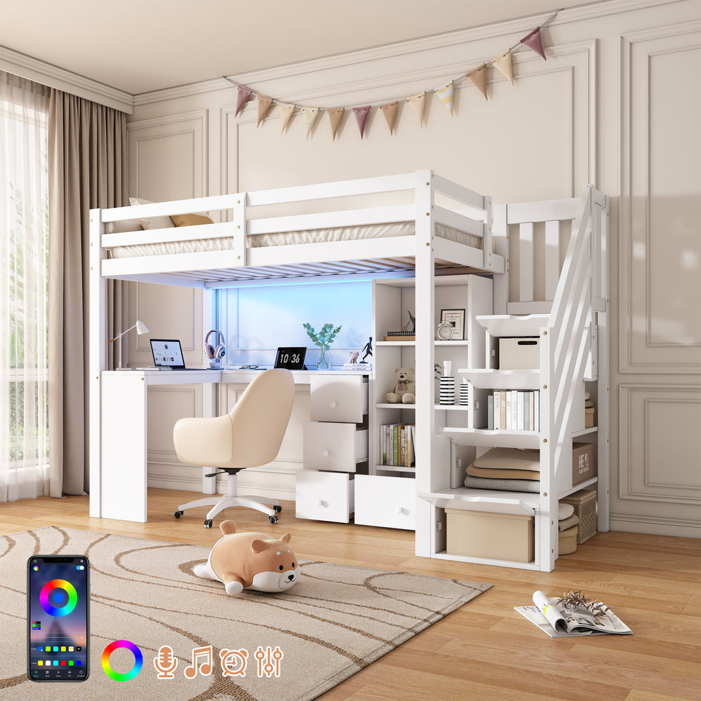 3ft Single Loft Bed with L-Shaped Desk & Storage Stairs, Wooden Bed Frame with Smart RGB LED Lights, Integrated Drawers & Individual Storage Locker, Modern Space-Saving Solution, White (No Mattress)