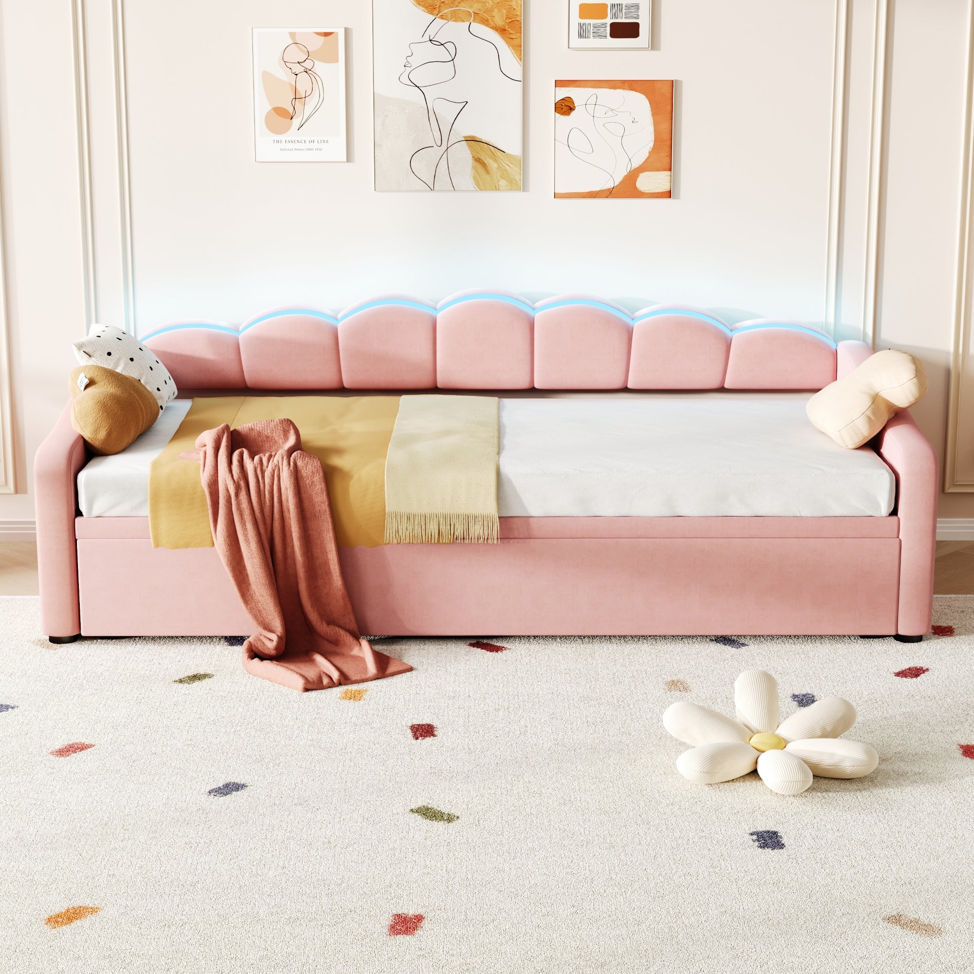 Upholstered Bed 90x190cm, Daybed, Sofa Bed with RGB LED Lighting, 3ft Petal Shape Single Bed with Trundle,Pull out Trundle Bed for Living Room/ Bedroom/ Study Room, Velvet, Pink (No Mattress)