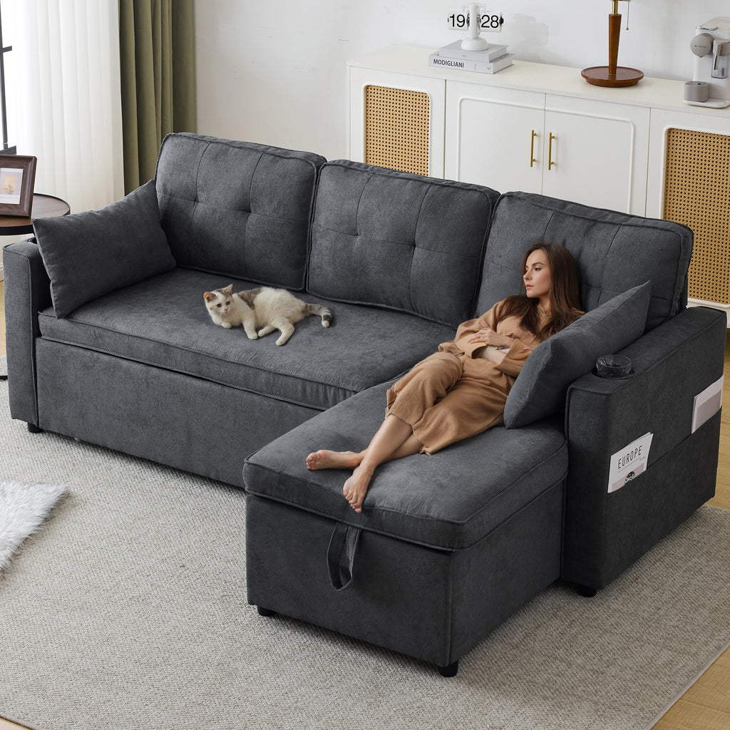 3-in-1 Convertible Sofa Bed with Internal Storage Chaise, L Shaped Sleeper Sofa Couches with Cup Holders, Pillows and Storage Pocket. Pullout Sectional Daybed for Living Room/Bedroom/Office, Grey