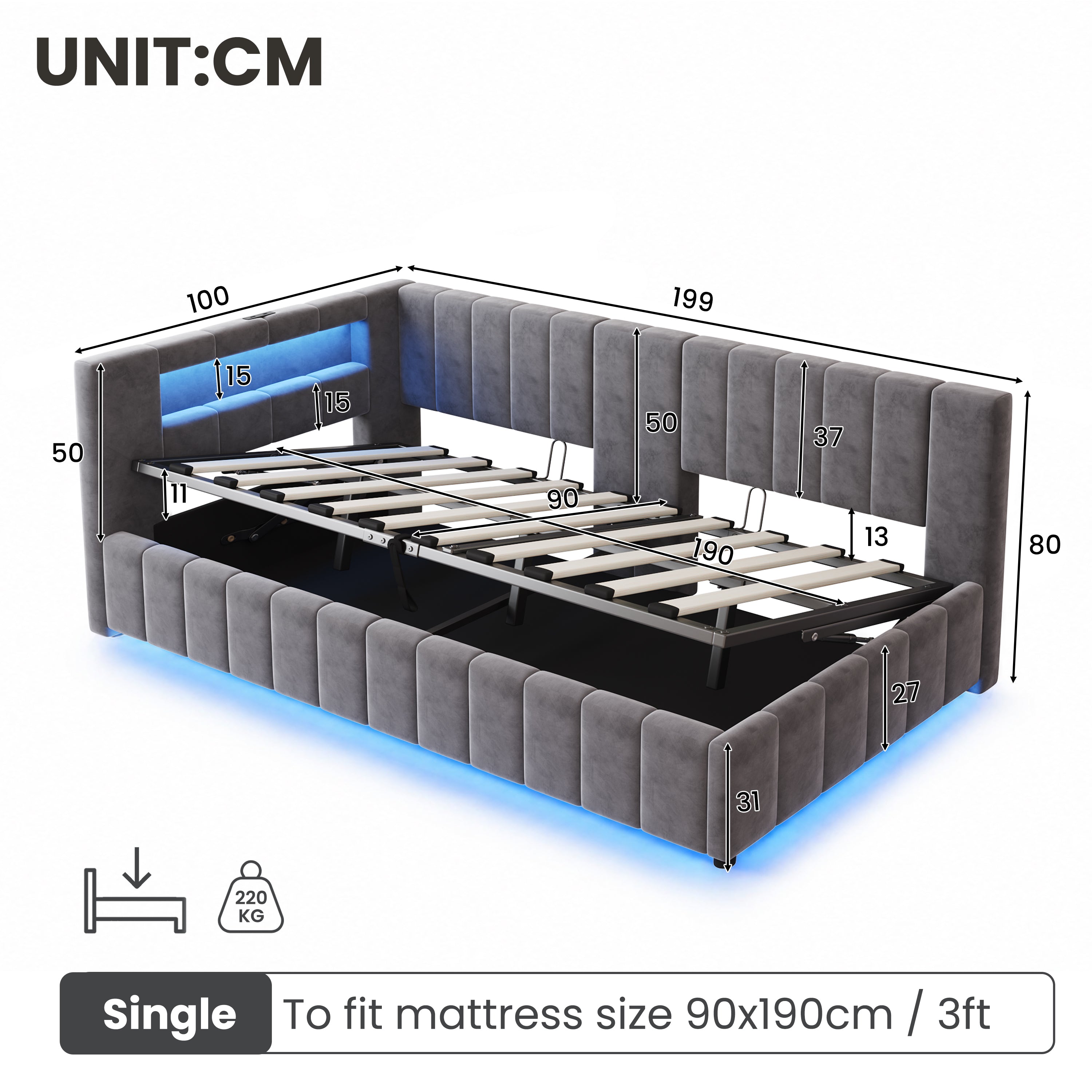 3ft Single Velvet Side Hydraulic Storage Bed with Smart RGB LED Lights & Charging Station, Side Opening Ottoman Bed Frame with Type-C & USB Ports, Channel Tufted, Grey(No Mattress)