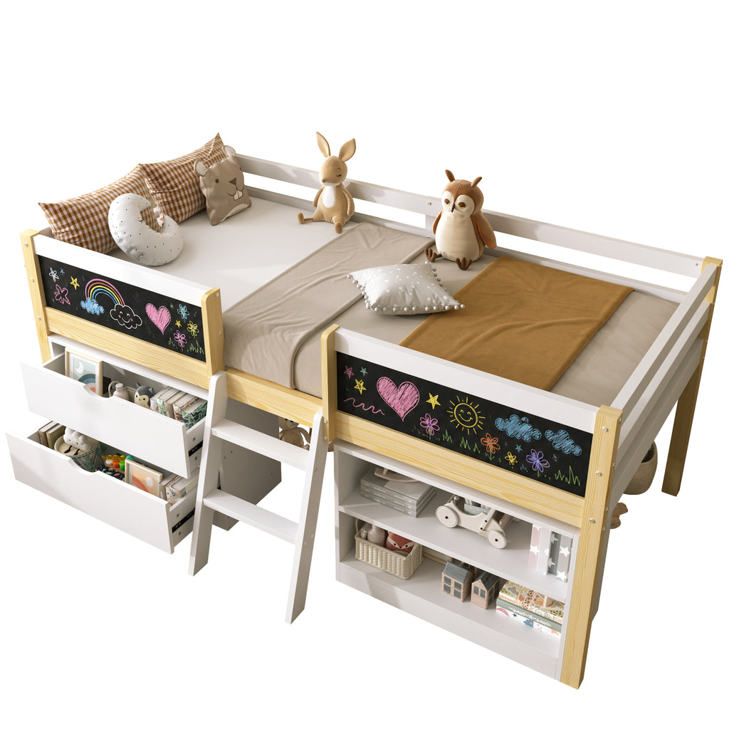 3ft Single Low Loft Bed with Blackboard, Modern Wood Bed Frame with Drawers and Storage Shelves, Under-bed Space, Modern Bed with Safety Guardrail, Saving-space Design, White (No Mattress)