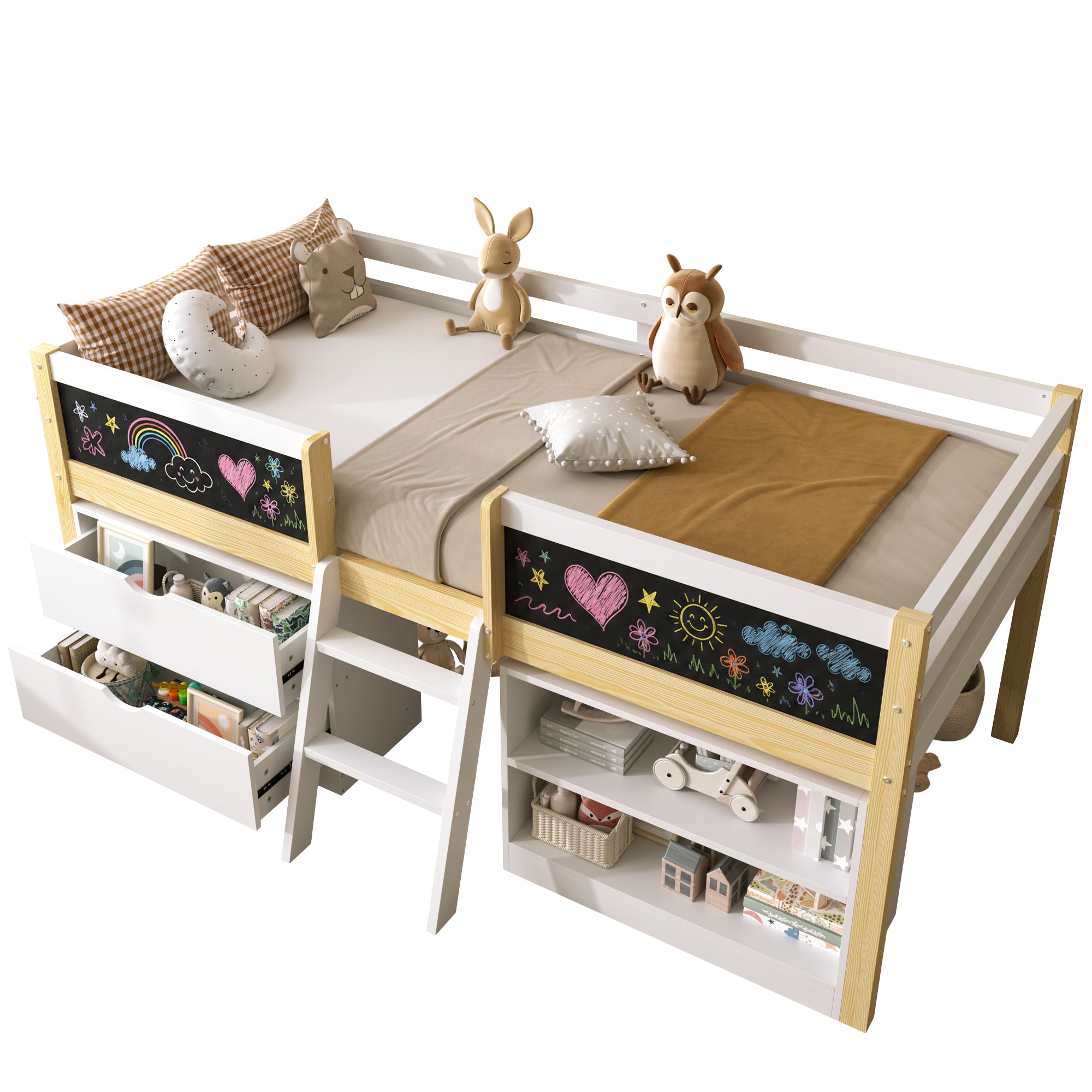 3ft Single Low Loft Bed with Blackboard, Modern Wood Bed Frame with Drawers and Storage Shelves, Under-bed Space, Modern Bed with Safety Guardrail, Saving-space Design, White (No Mattress)