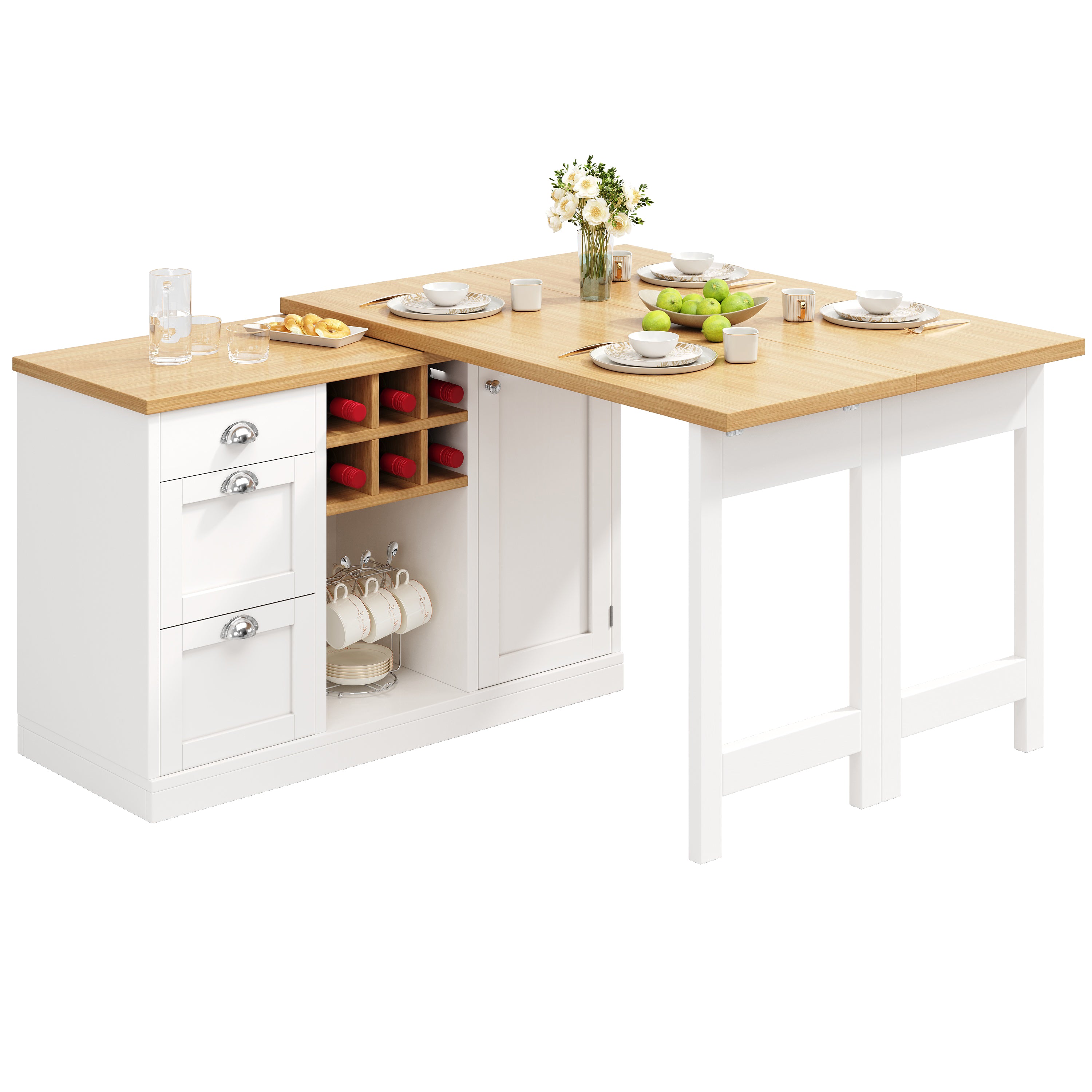 Extendable Sideboard & Dining Table Combo, 3 Drawers & Snack rack & Wine rack, Space-Saving Sideboard for Small Flats, White/Black