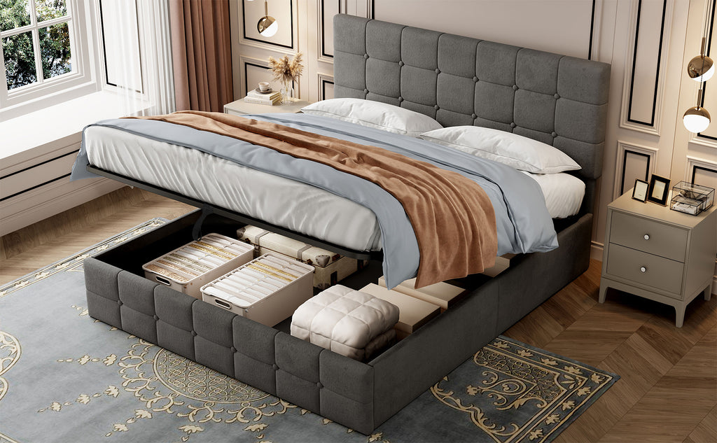 4ft6 Double Upholstered Storage Bed Frame, Velvet Ottoman Bed with Hydraulic Storage, Double Bed with Adjustable Button Tufted Headboard, Metal-Wood Support, No Mattress, Grey