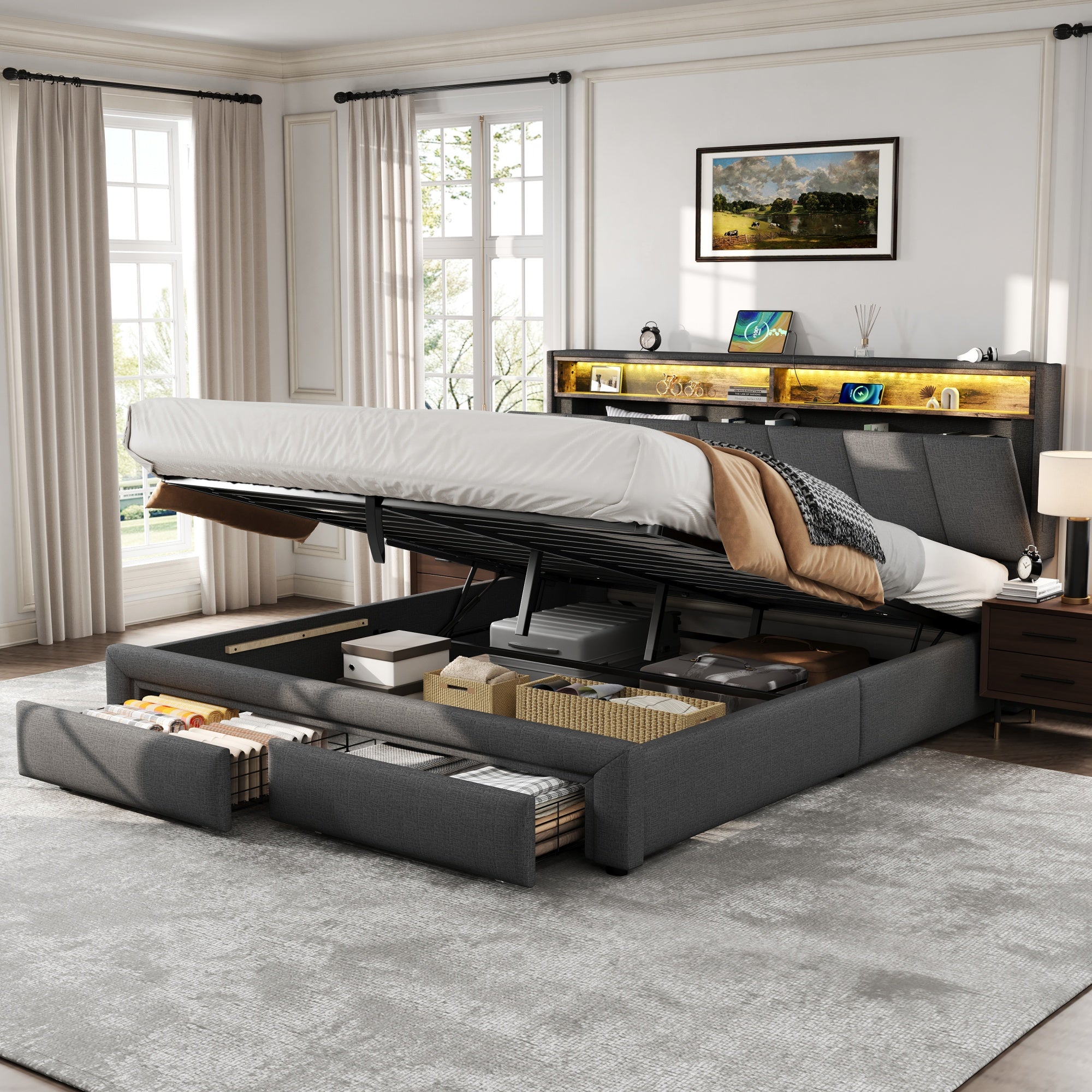 5ft King Upholstered Bed Frame with Hydraulic and Drawers Storage, LED Adjustable Headboard with Charging Station and Concealed Headboard Storage, Linen, No Box Spring Needed, Grey (No Mattress)
