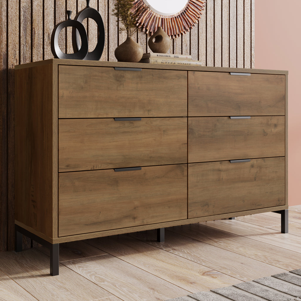 Sideboard Cabinet for Living Room, Chest of Drawers with 6 Drawers, Dark Oak, 120W x 40D x 76H cm