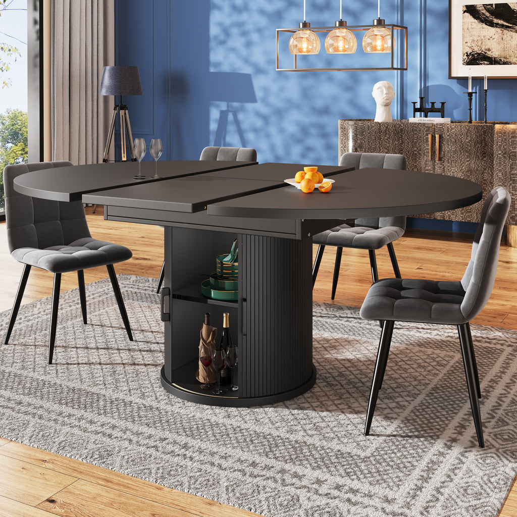 Extendable dining table, dining room table, kitchen table, balcony table, extendable table top Round dining table, extends to oval, 118–158 cm, seats up to 6 people, walnut/black