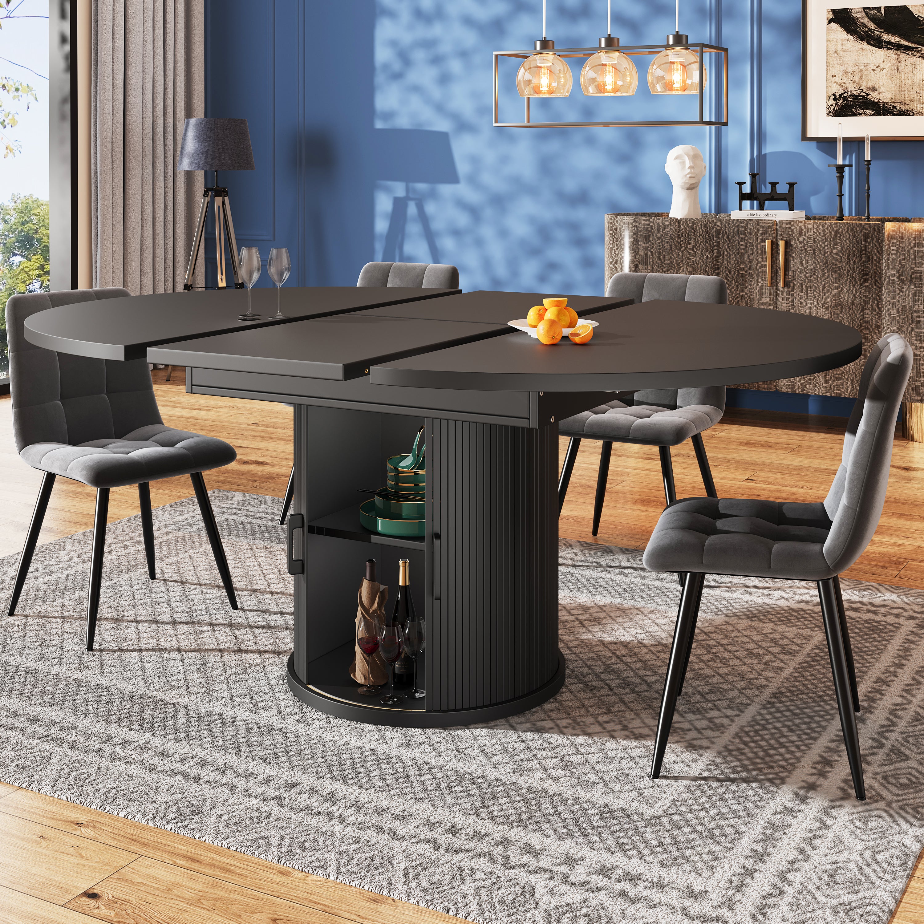 Extendable dining table, dining room table, kitchen table, balcony table, extendable table top Round dining table, extends to oval, 118–158 cm, seats up to 6 people, walnut/black