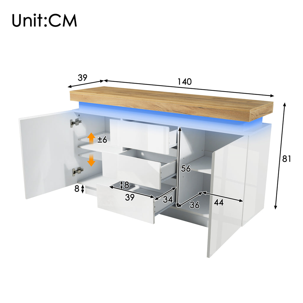 Chest of Drawers,High-gloss Sideboard Cabinet with 2 Doors and 3 Drawers,Storage with RGB LED(App-controlled),Multi-purpose Cabinet for Living Room and Bedroom, 81 x 140 x 39 cm, White