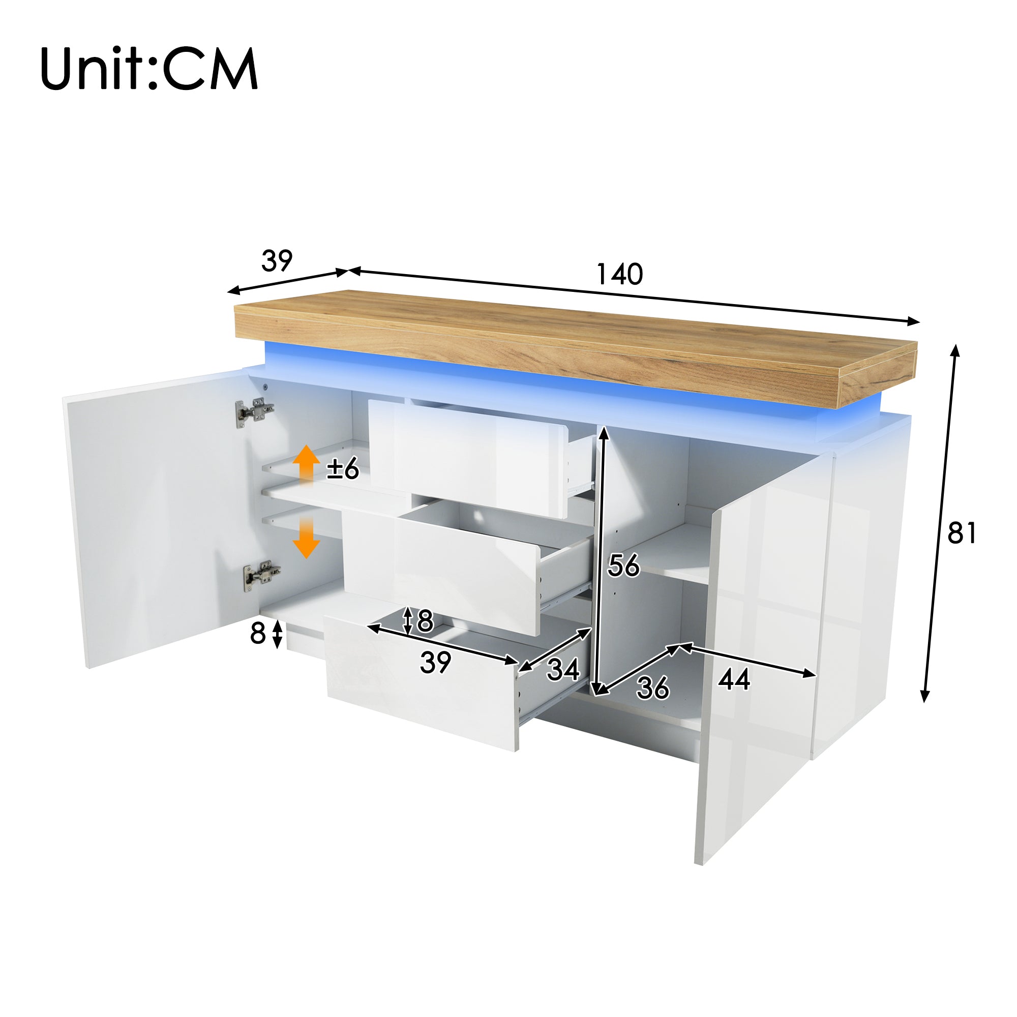 Chest of Drawers,High-gloss Sideboard Cabinet with 2 Doors and 3 Drawers,Storage with RGB LED(App-controlled),Multi-purpose Cabinet for Living Room and Bedroom, 81 x 140 x 39 cm, White