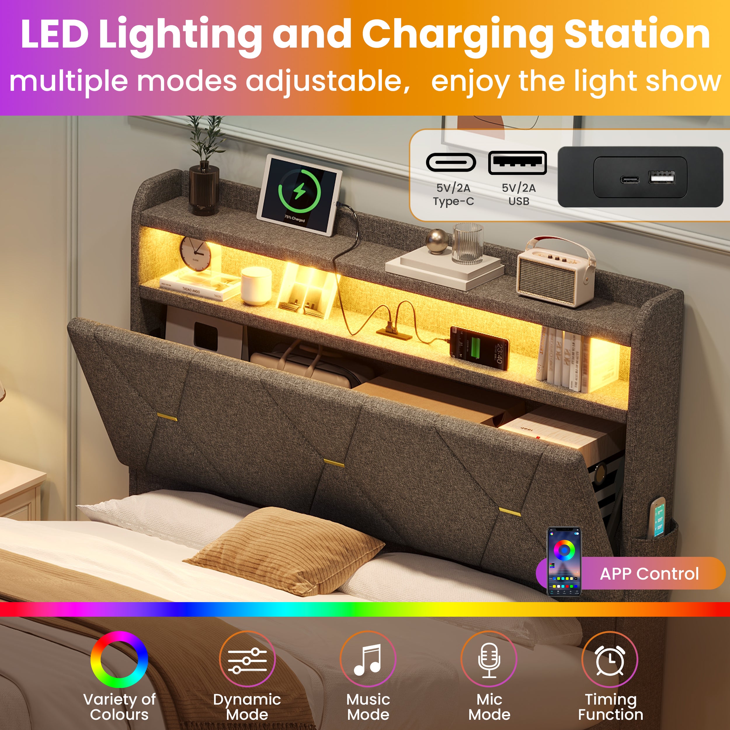 3ft Single Upholstered Bed Frame with Hydraulic Storage,  LED Headboard with Charging Station and Concealed Headboard Storage, USB and Type - C Ports, Linen, No Box Spring Needed, Grey (No Mattress)
