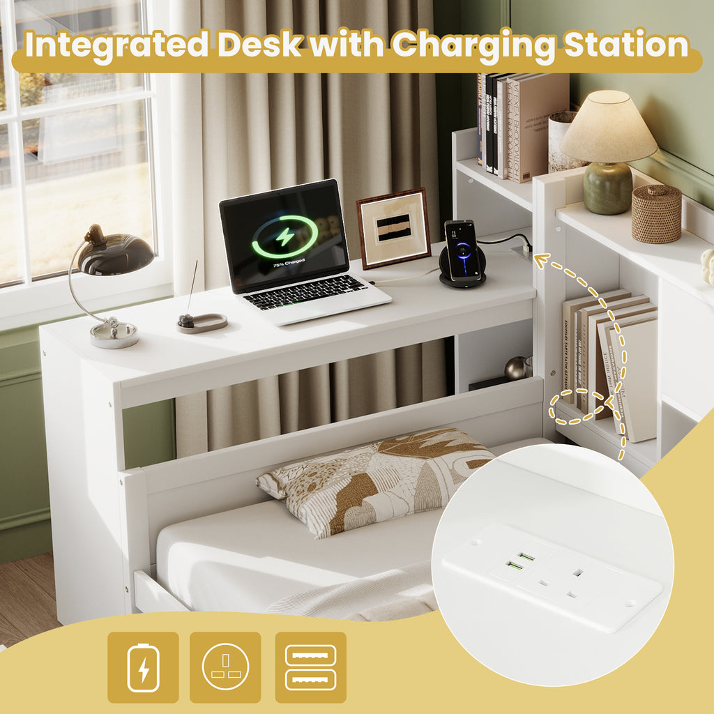 3ft Single Daybed with Storage Drawers and Bookcase, Modern Bed frame with Charging Station and Integrated Desk, Wood Bed for Living Room/ Bedroom/ Study Room, Two Assembly Methods, White(No Mattress)
