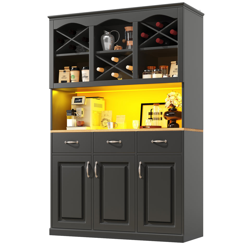 Kitchen cabinet (120 × 40 × 180 cm), tall kitchen buffet, multi-purpose buffet, snack cabinet, storage furniture with three doors, three drawers and LED lighting, black