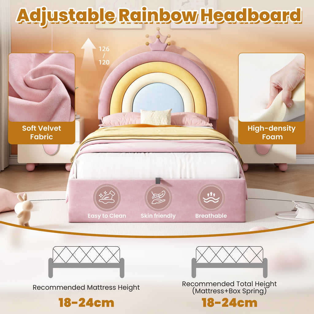 3ft Single Upholstered Hydraulic Bed with Adjustable Rainbow Headboard, Soft Velvet Bed Frame with Hydraulic Storage, Stylish Rainbow Headboard with Crown, No Box Spring Needed, Pink (No Mattress)