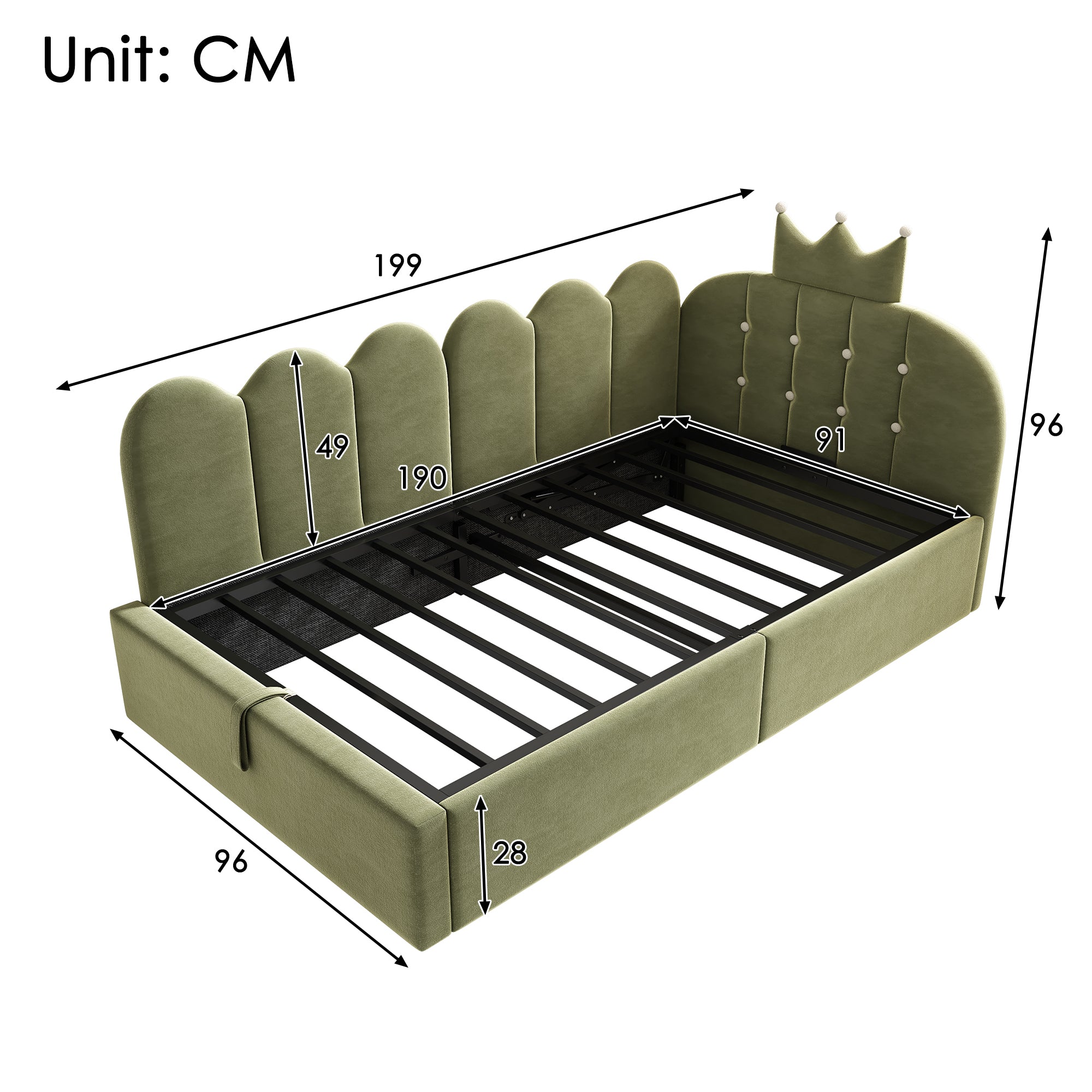 Upholstered Daybed with Hydraulic Storage, 3FT Single Sofa Bed 90 x 190 cm, Crown-shaped Bed Guest Beds for Adults & Children, Velvet, Green (No Mattress)