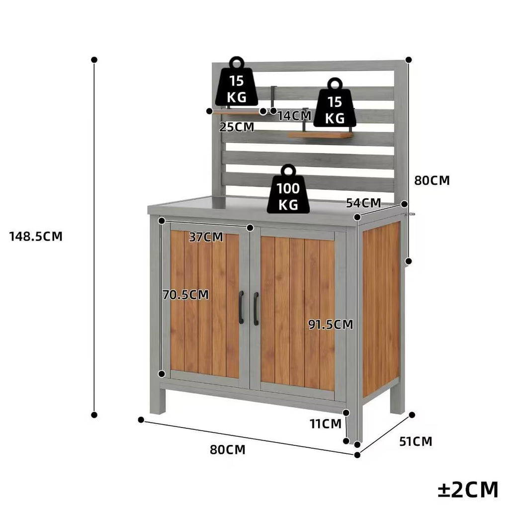 Weatherproof wooden garden cabinet – tool shed with stainless steel worktop, grill station with adjustable shelves and storage compartments, kitchen cabinet for patio, balcony, garden