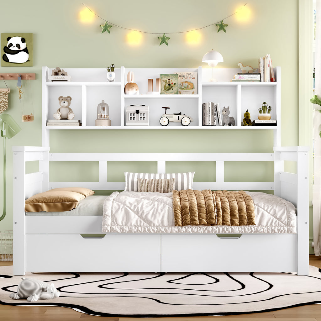 3ft Single Beds for Kids with Two Storage Drawers and Bookcase headboard, Wooden Bed Frame with Storage and Guardrail, Space-Saving Design for Bedroom, Dorm and Study Room, White (No Mattress)