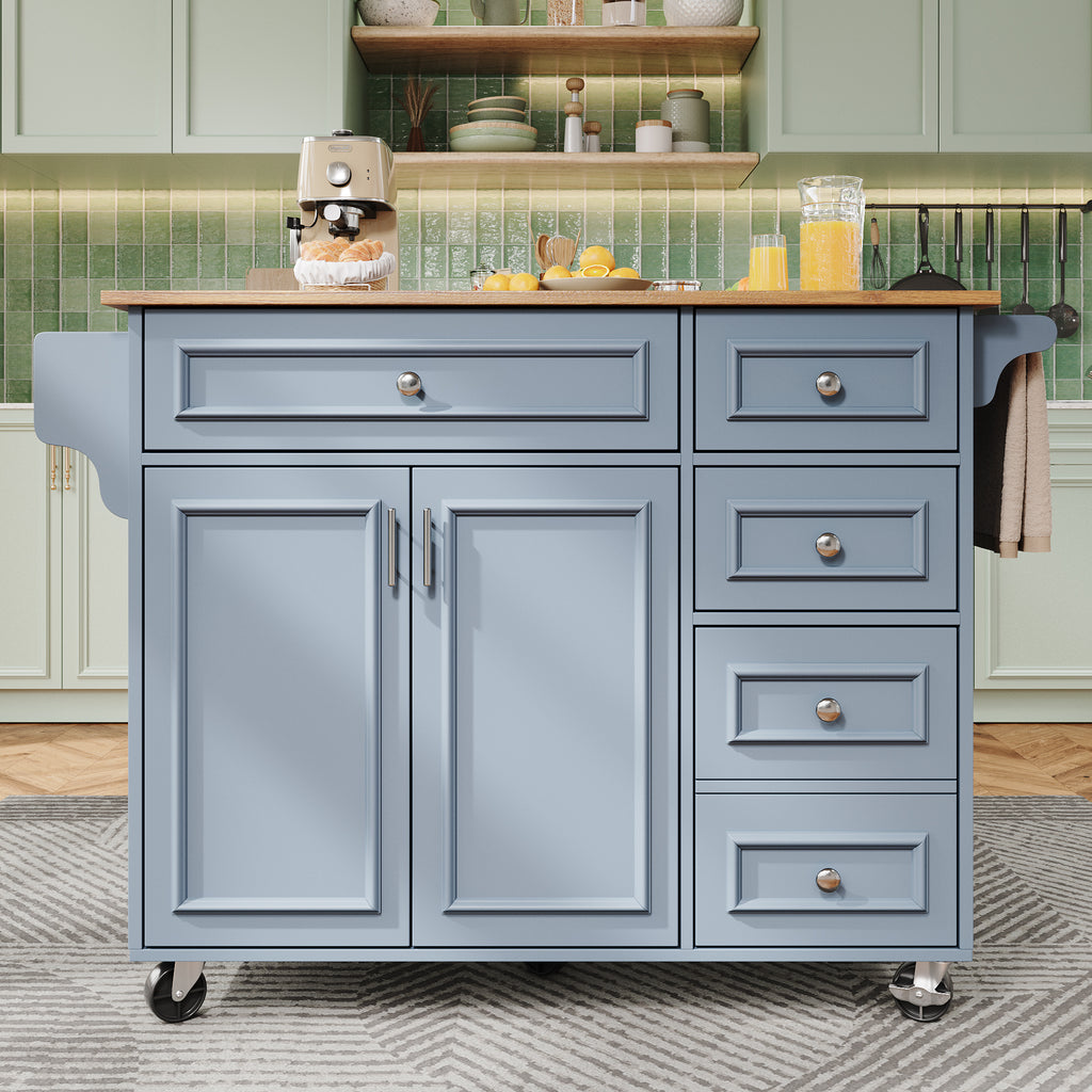 Kitchen island (110×45-75×92cm), removable serving trolley buffet cabinet, dining trolley with vintage pattern, buffet cabinet, multifunctional dining table with storage space, Blue