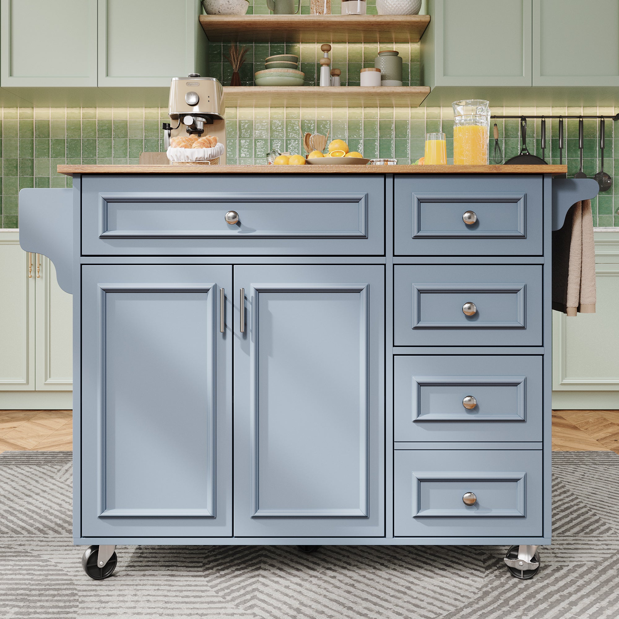 Kitchen island (110×45-75×92cm), removable serving trolley buffet cabinet, dining trolley with vintage pattern, buffet cabinet, multifunctional dining table with storage space, Blue