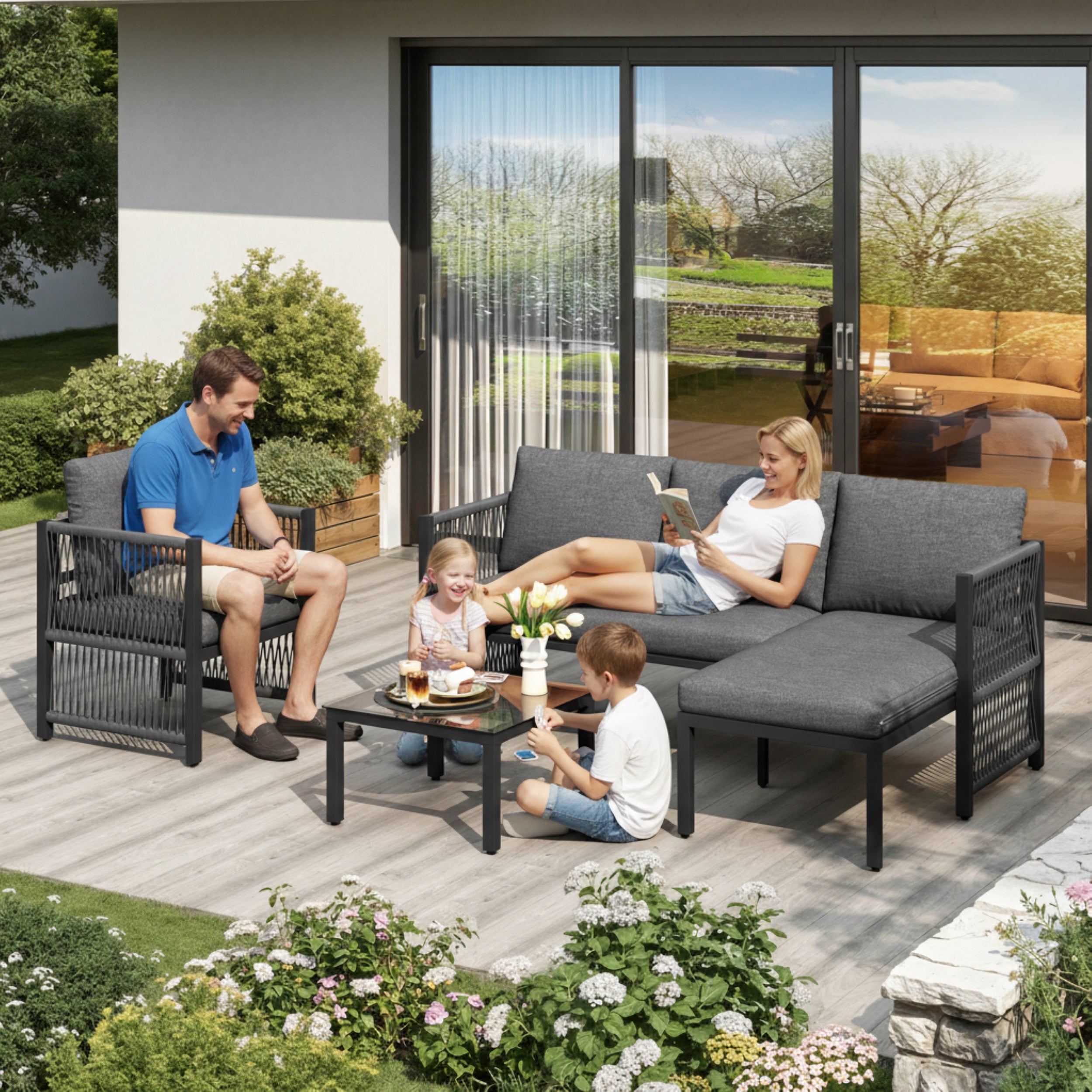 Garden Set with Tempered Glass Coffee Table, Convertible 4-5 Seater Polyester Rope Patio Set with Lounge Sofa and Armchairs, Weatherproof Outdoor Patio Corner Sofas for Balcony and Terrace, Grey