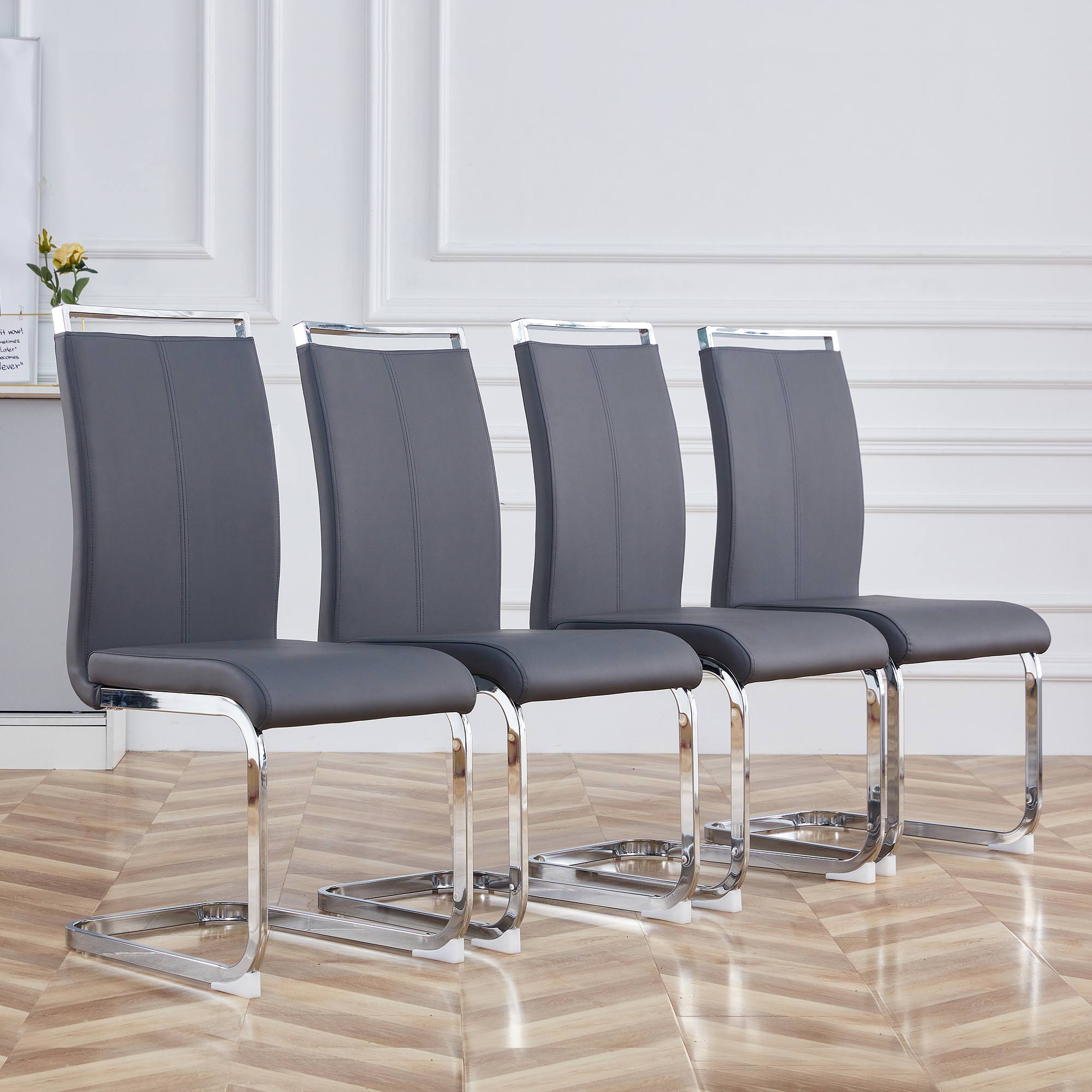 Cantilever chair, chrome-plated metal frame, can hold up to 120 kg, softly padded with imitation leather cover, gray (set, 4 pieces)