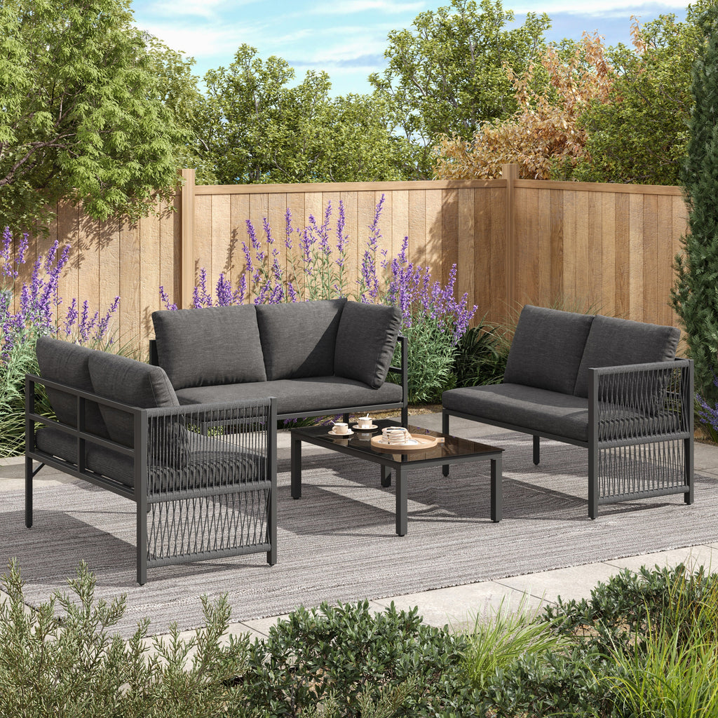 5-6 Seater Garden Furniture Set with Tempered Glass Coffee Table, L-Shaped Corner Sofa with Polyester Rope, Weatherproof Outdoor Patio Dining Lounge Set for Balcony and Terrace, Linen, Grey