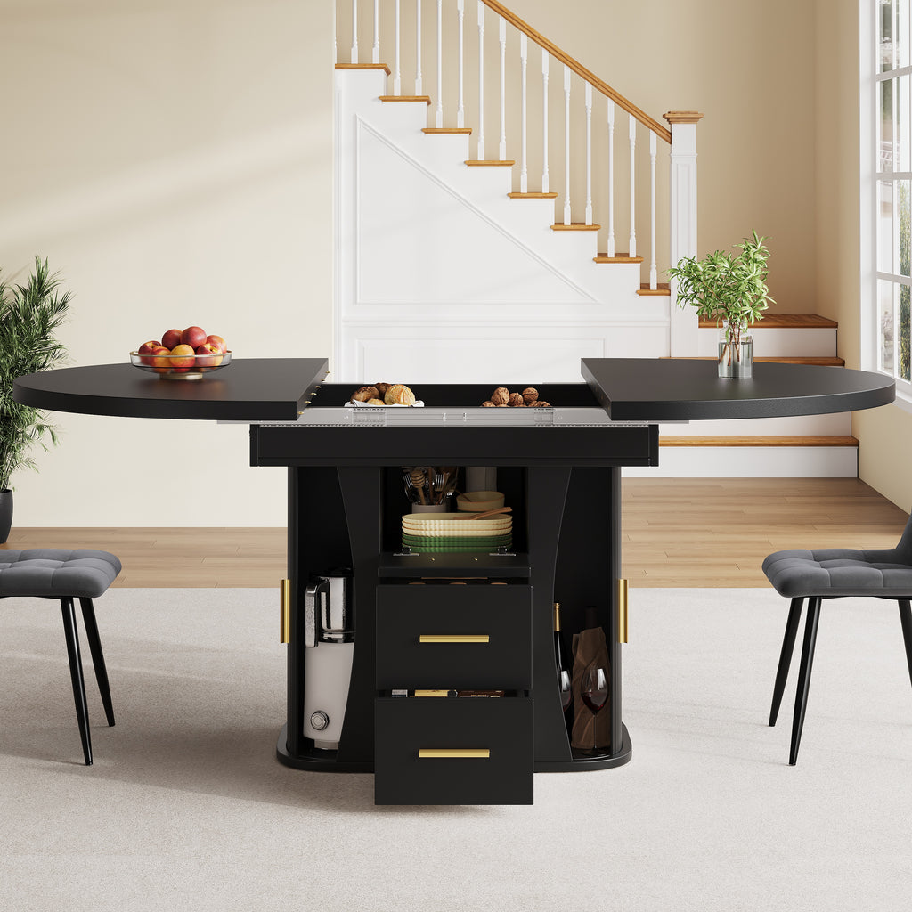 Extendable dining table, dining room table, kitchen table, round dining table, extends to oval, 118-158 cm, seats up to 6 people, three-tier storage, black