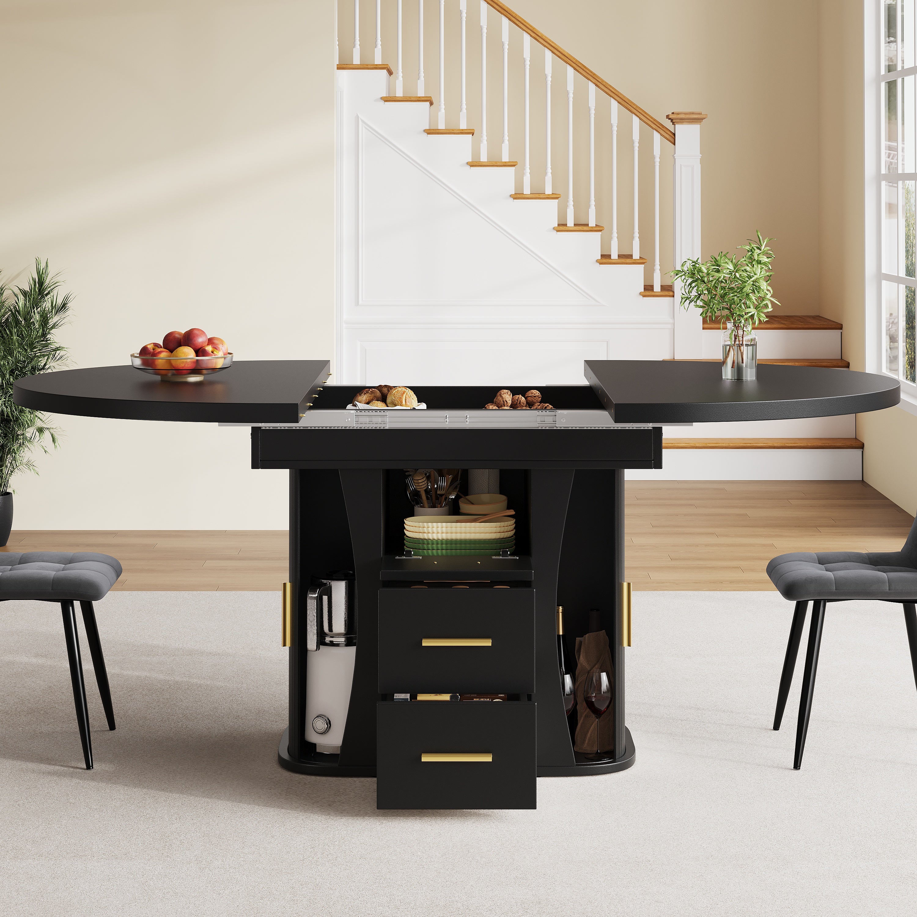 Extendable dining table, dining room table, kitchen table, round dining table, extends to oval, 118-158 cm, seats up to 6 people, three-tier storage, black