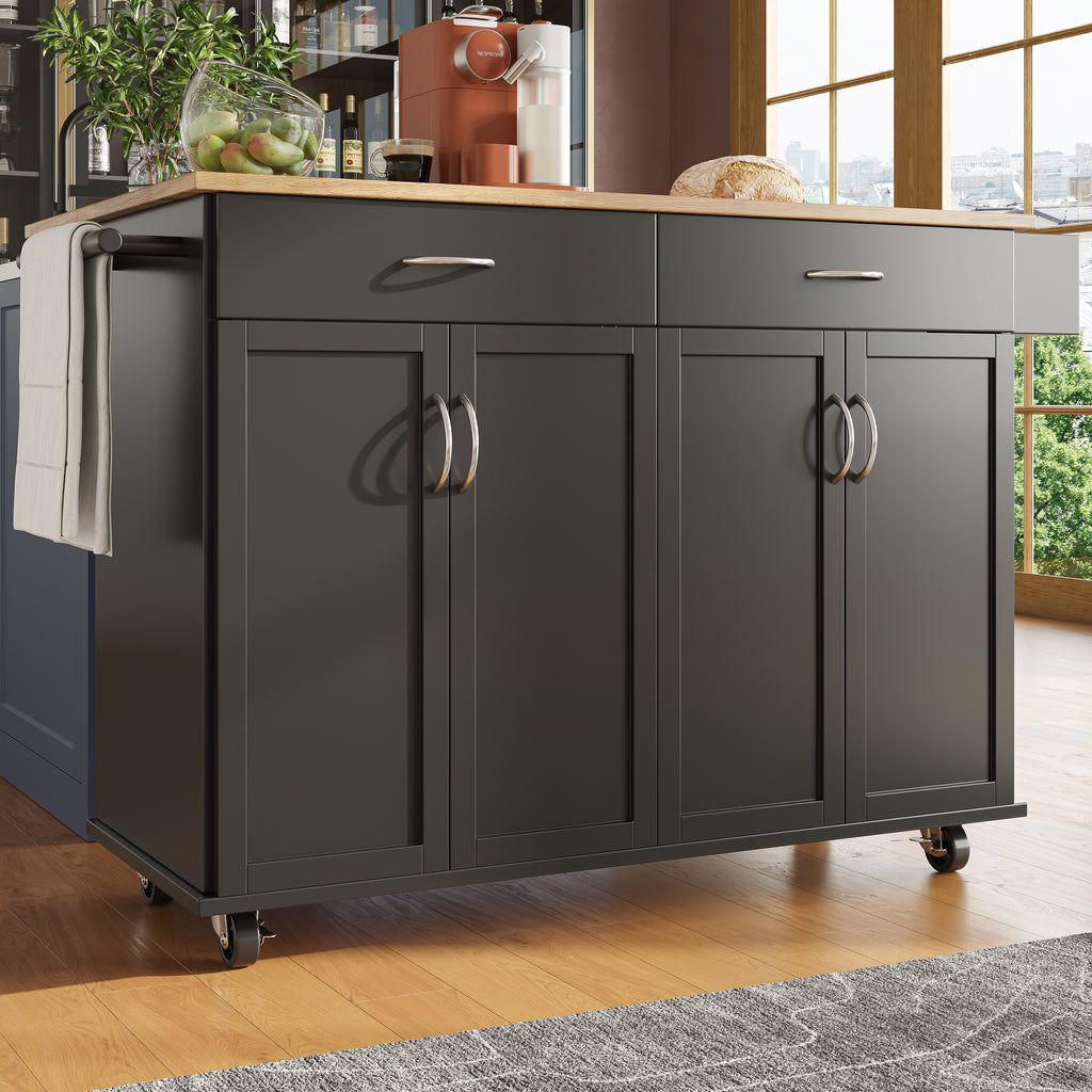 Rolling Kitchen Island Storage Trolley with Large Cabinet, 2 Drawers, Adjustable Shelf, Spice&Towel Rack, Sideboard Cupboard Cabinet Cart, Dining Room Organiser, Black