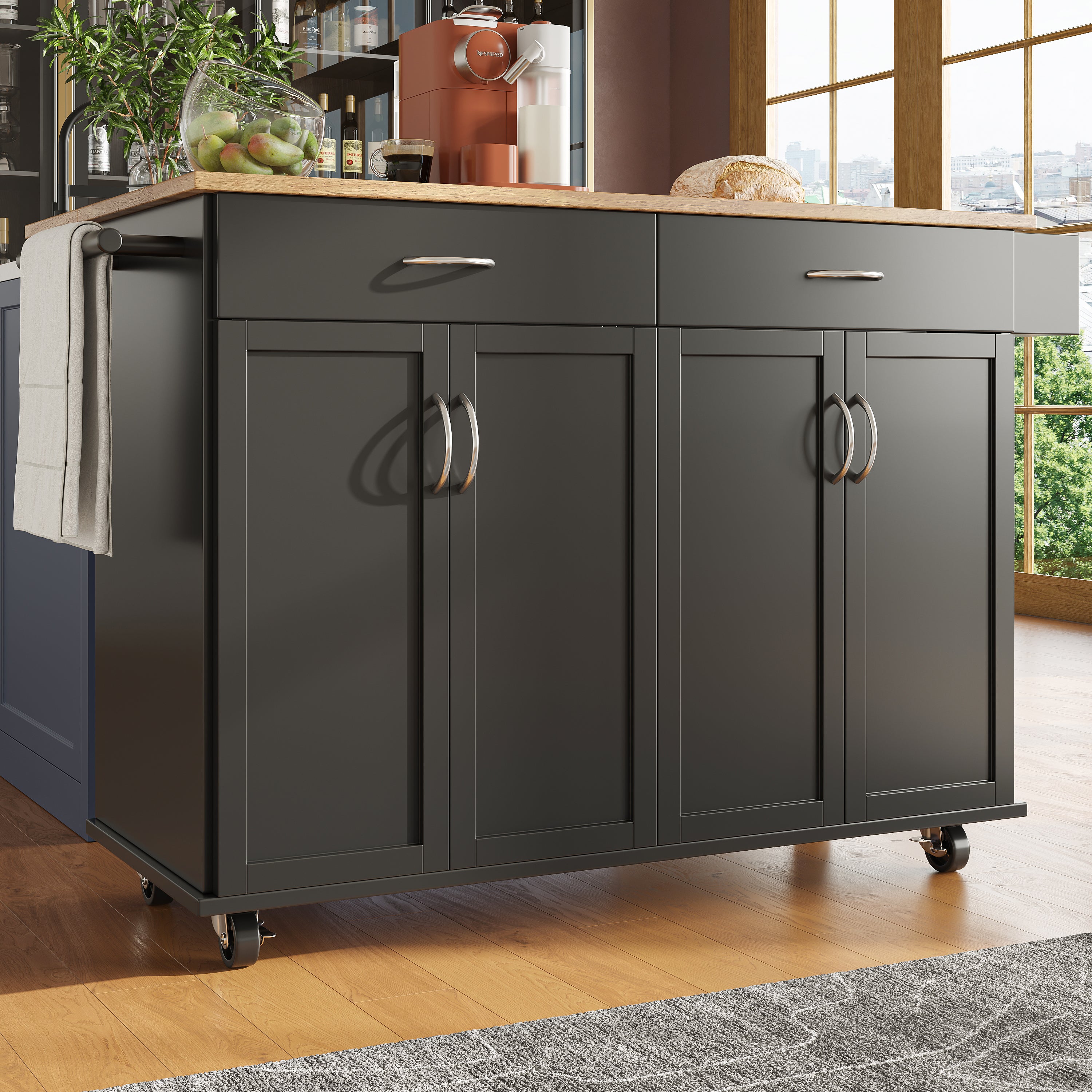 Rolling Kitchen Island Storage Trolley with Large Cabinet, 2 Drawers, Adjustable Shelf, Spice&Towel Rack, Sideboard Cupboard Cabinet Cart, Dining Room Organiser, Black