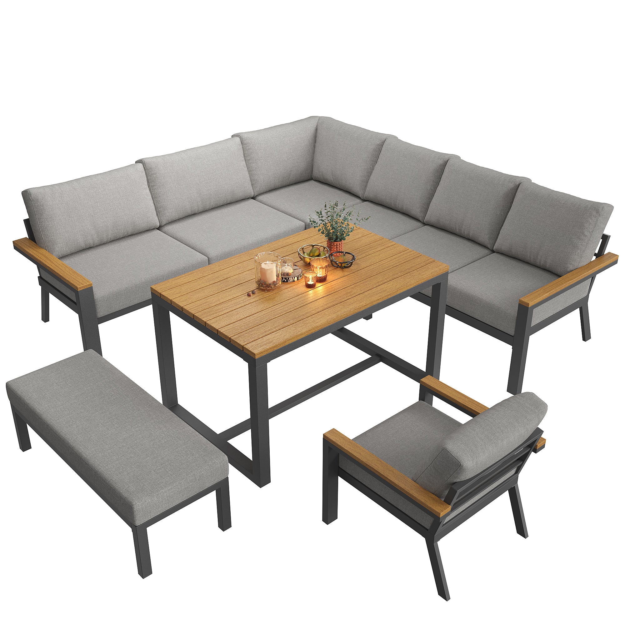 Eight-person L-shaped garden sofa set with wooden table / Weatherproof corner suite made of iron / Including armchair, bench & wooden worktop / With grey cushions
