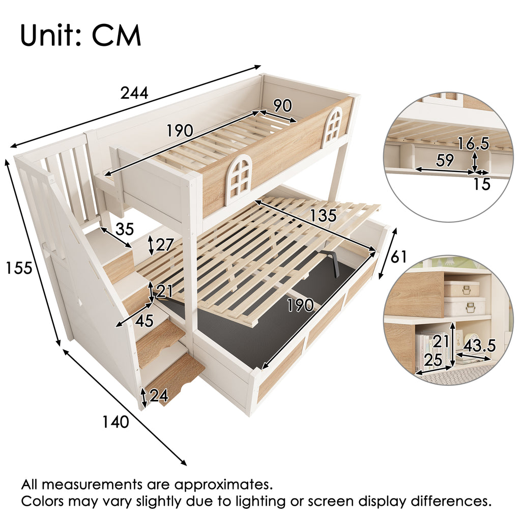 Bunk Beds for Kids, Staircase Bunk with Hydraulic Storage, Children's Bed with Storage Cube, Double Bunk Bed for Family with Multiple Children, (90+135) x 190 cm, Solid Wood, White & Natural