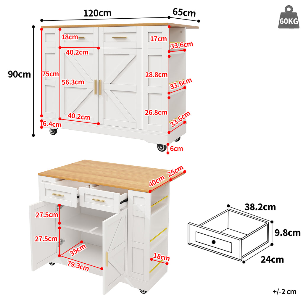 Kitchen Island on Wheels, Rolling Island Cart with 2 Drawers and Double-Sided Storage Racks, Storage Cabinet with Foldable Worktop, Mobile Carts, Portable Trolley for Home and Kitchen, White