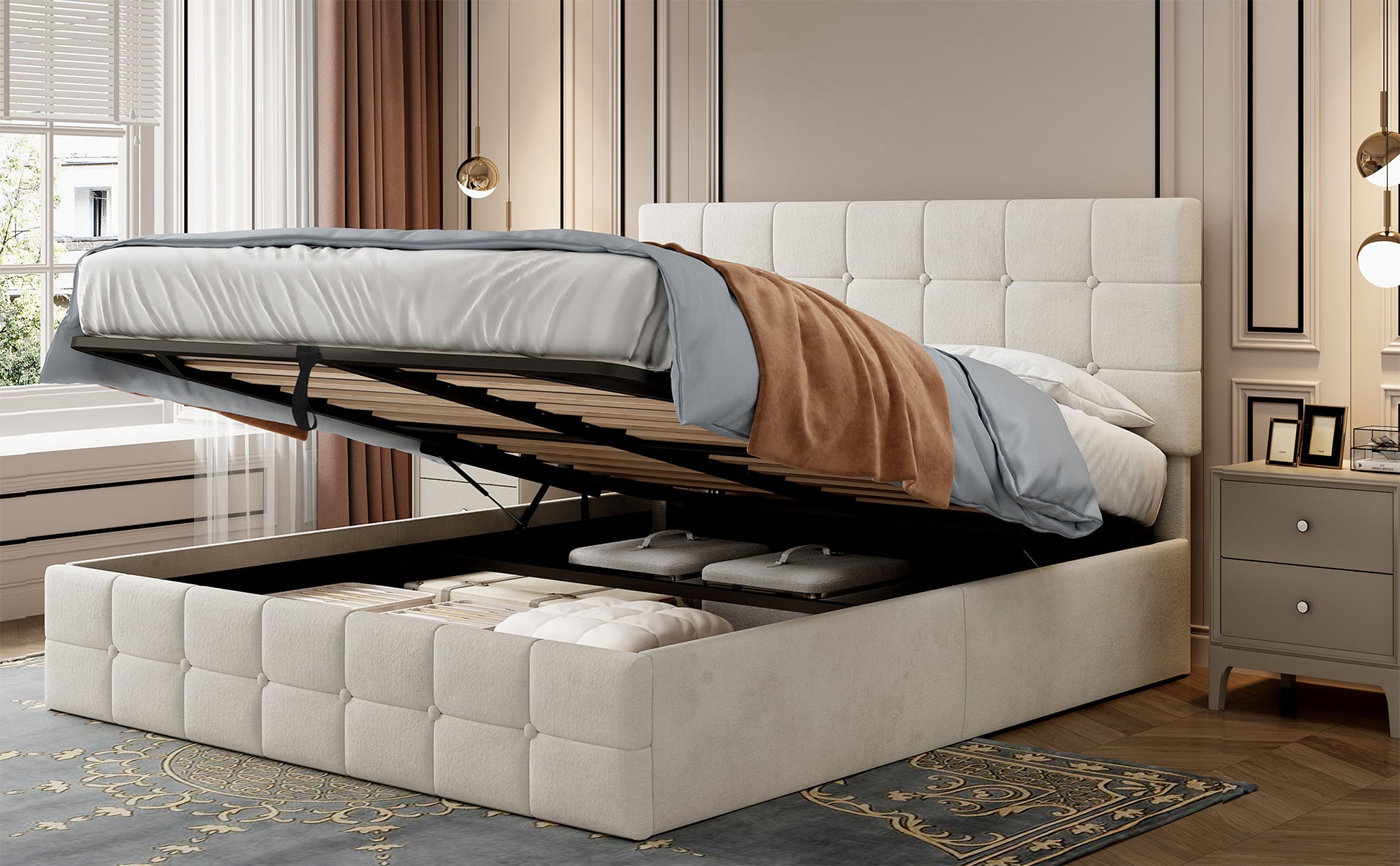 Double Upholstered Storage Bed Frame, Velvet Ottoman Bed with Hydraulic Storage, Double Bed with Adjustable Button Tufted Headboard, Metal-Wood Support, No Mattress, Beige