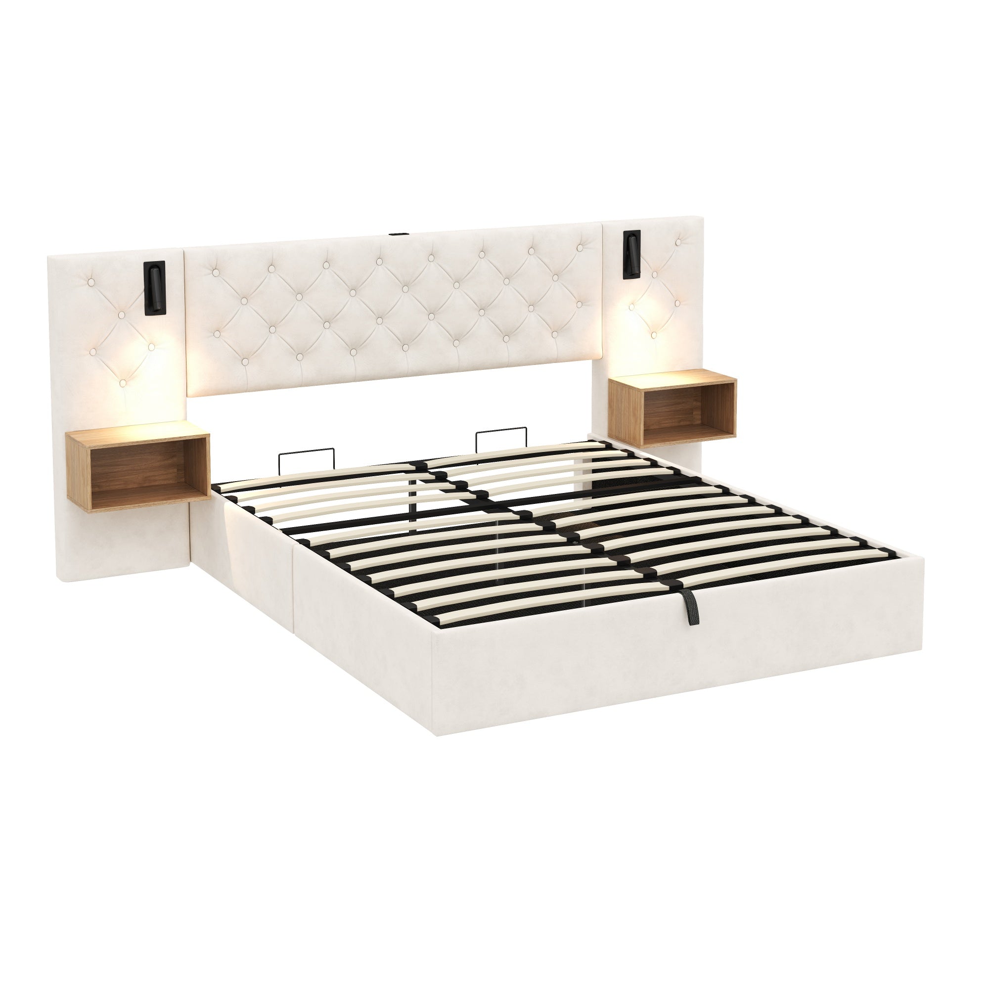Beige Wide Headboard Upholstered Bed with charging station & Bedside Storage, package 1