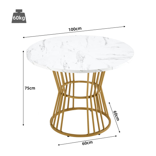 Dining table set (5-piece), dining table set with 4 chairs, kitchen table set, round dining table with 100 cm diameter and golden metal legs, white MDF table top, gray velvet dining chairs