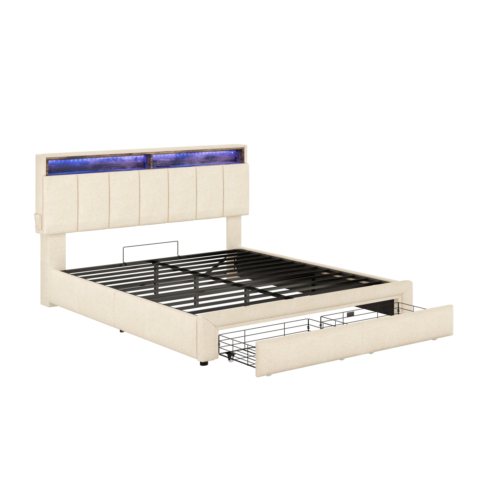 Beige Linen LED Upholstered Storage Bed with charging Station parcel 3