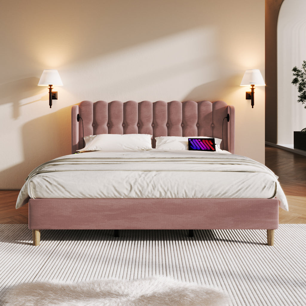 Upholstered Double Bed with USB and Type-C Charging, Bed Frame with Wooden Slatted Frame, Teenager Bed for Bedroom & Guest Room, 4ft6 135 x 190 cm Bed Frame, Pink, Velvet Material (No Mattress).