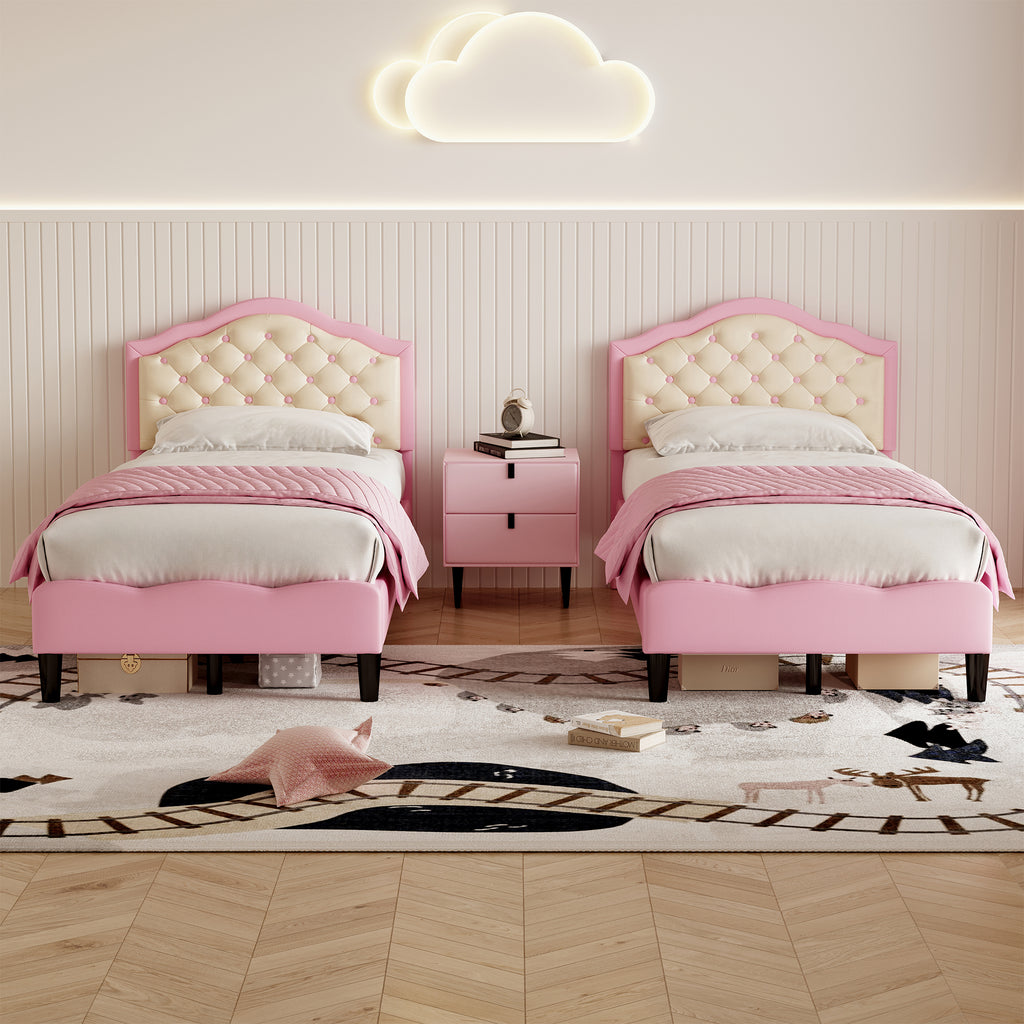 3ft Single Upholstered Bed Frame with Adjustable Chic Button-Tufted Headboard, PU Faux Leather Bed Frame with Solid Wood Slat, No Box Spring Needed, Easy Assembly, Pink+Beige (No Mattress)
