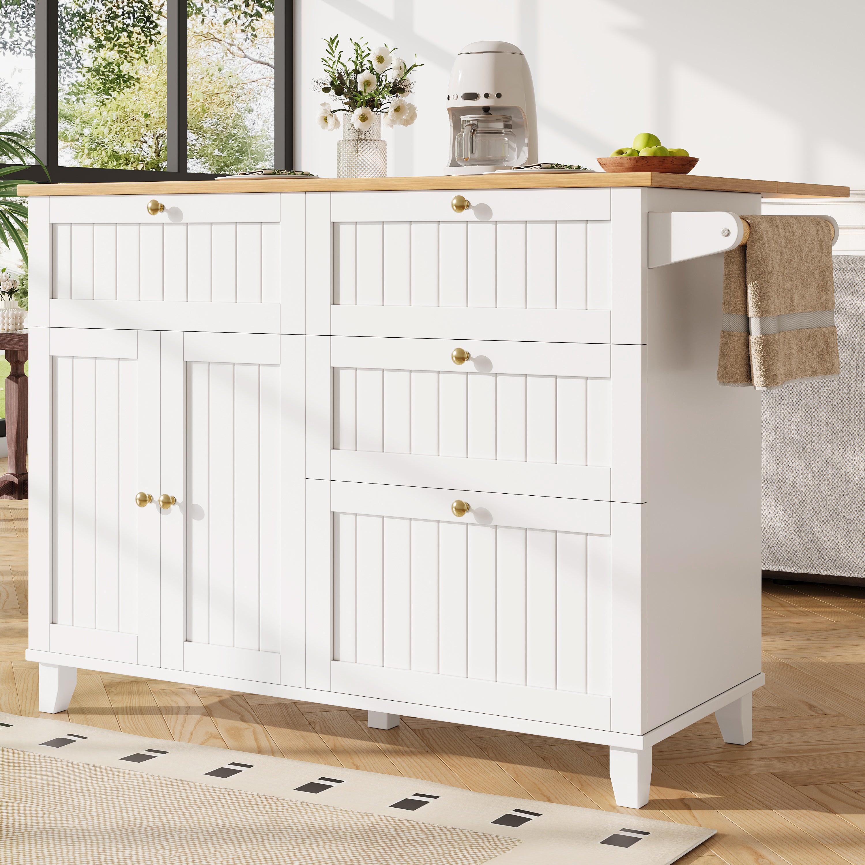 Rolling Mobile Kitchen Island, Table on Wheels with Drawer and Storage Cabinet, Portable Kitchen Island Cart with Drop Leaf, Breakfast Bar, Towel Rack, White