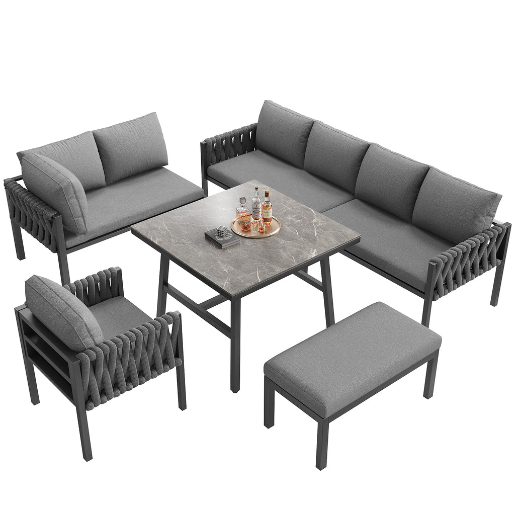 Garden furniture set, rope-weave outdoor sofa set with galvanized steel frame, adjustable legs, L-shaped sofa, tempered glass table top, includes all seat and back cushions, grey