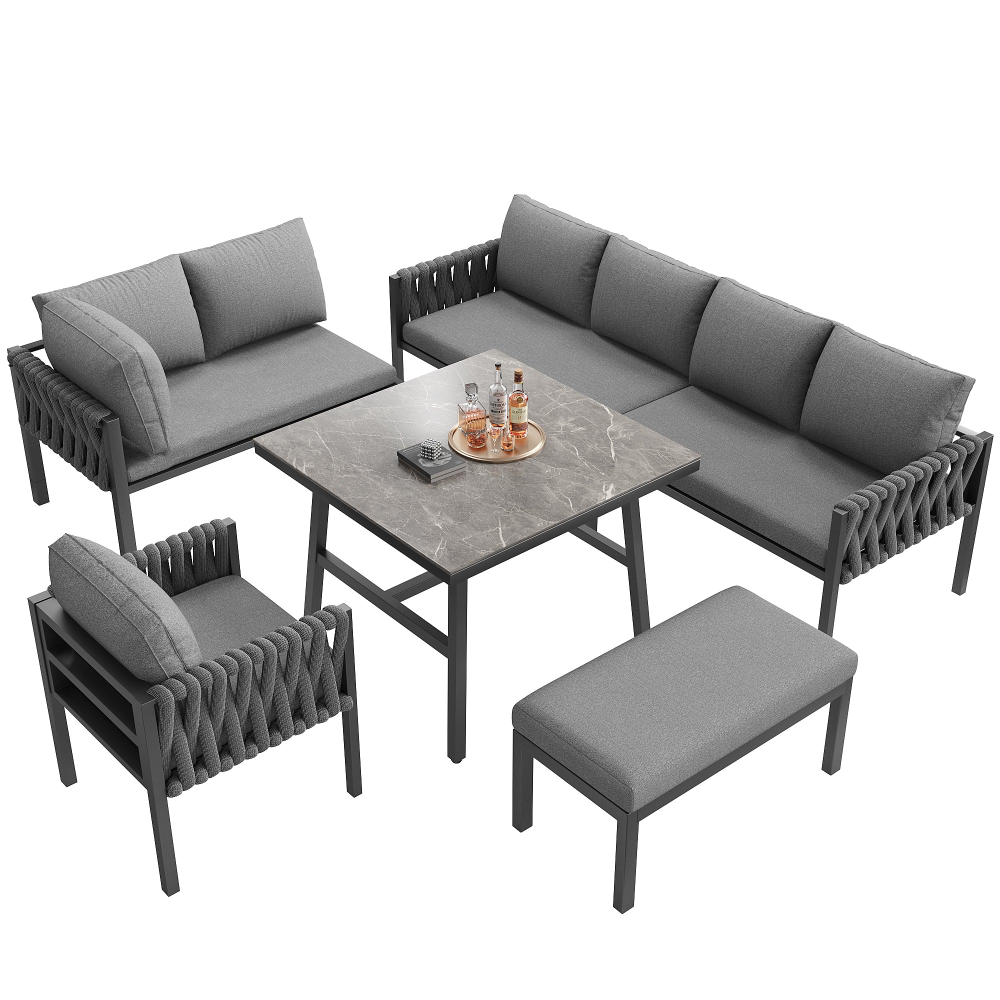 Garden furniture set, rope-weave outdoor sofa set with galvanized steel frame, adjustable legs, L-shaped sofa, tempered glass table top, includes all seat and back cushions, grey