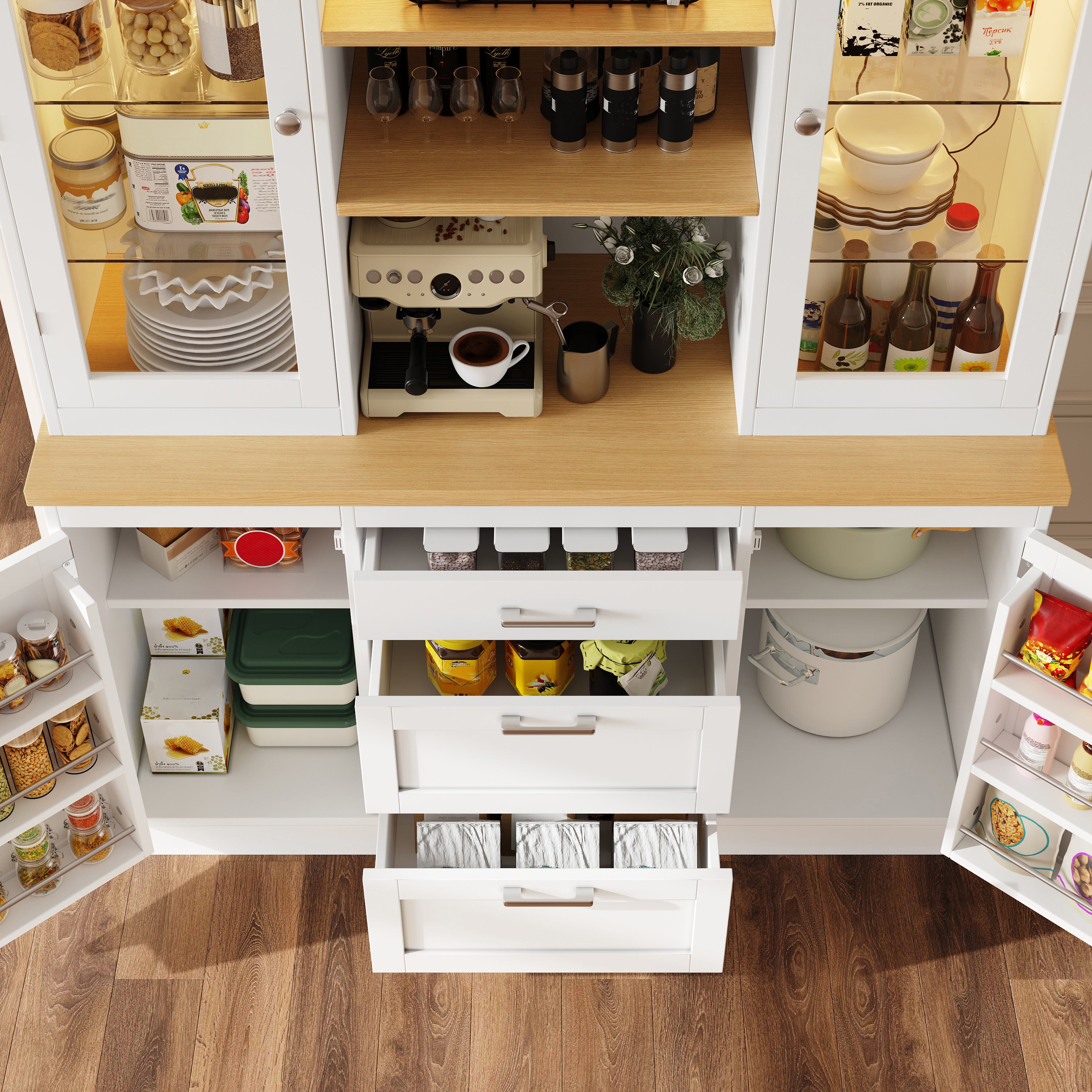 Kitchen Pantry Cabinet with App-Controlled LED Lights, 185cm Tall Storage Cabinet with Glass Doors, Drawers & Worktop, White