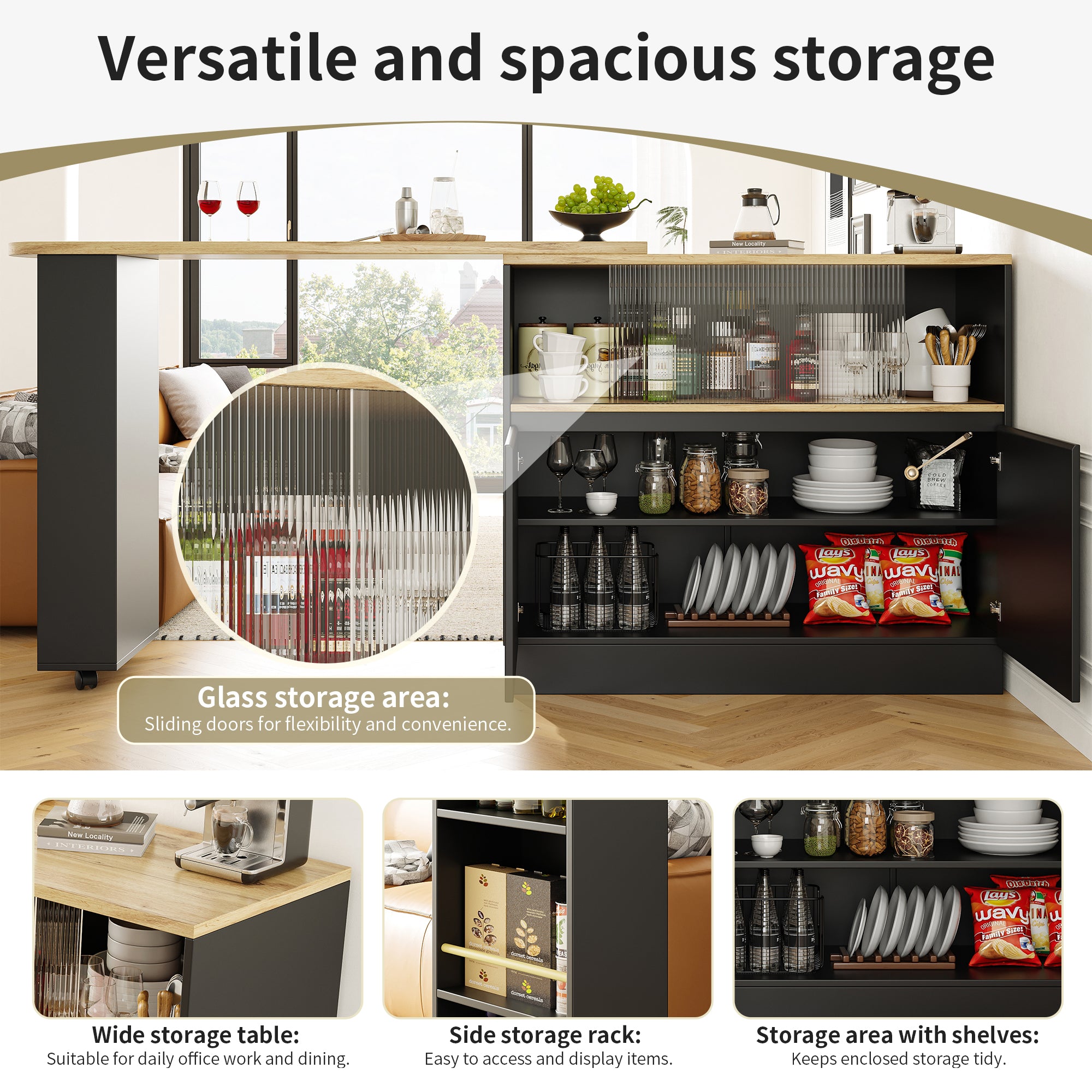 360° swivelling dining bar (main body 90 x 45 x 100 cm), black, modern, simple, multifunctional, swivelling sideboard with shelves and glass, suitable for kitchens and restaurants