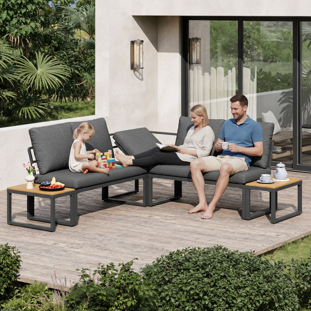 4-5 Seater Garden Outdoor Set with Flexibly Convertible Plastic Wood Tables, Adjustable Corner Sofa and Lounge Chair, Weather-Resistant Patio Furniture for Garden, Balcony and Terrace, Linen, Grey