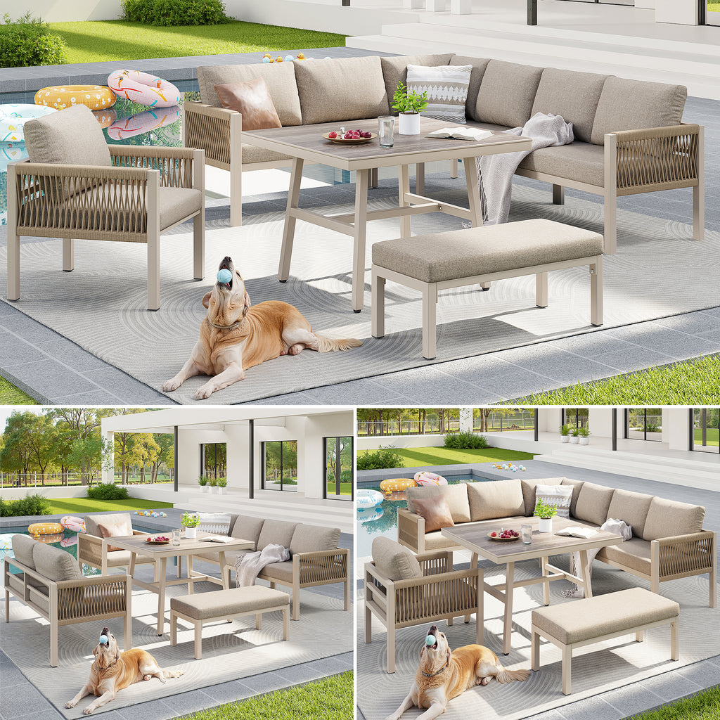 Handwoven L-shaped garden sofa set for up to 8 people, Sturdy iron frame with beige cushions, Complete with table (wood-look glass) & 1 armchair, Weatherproof patio furniture