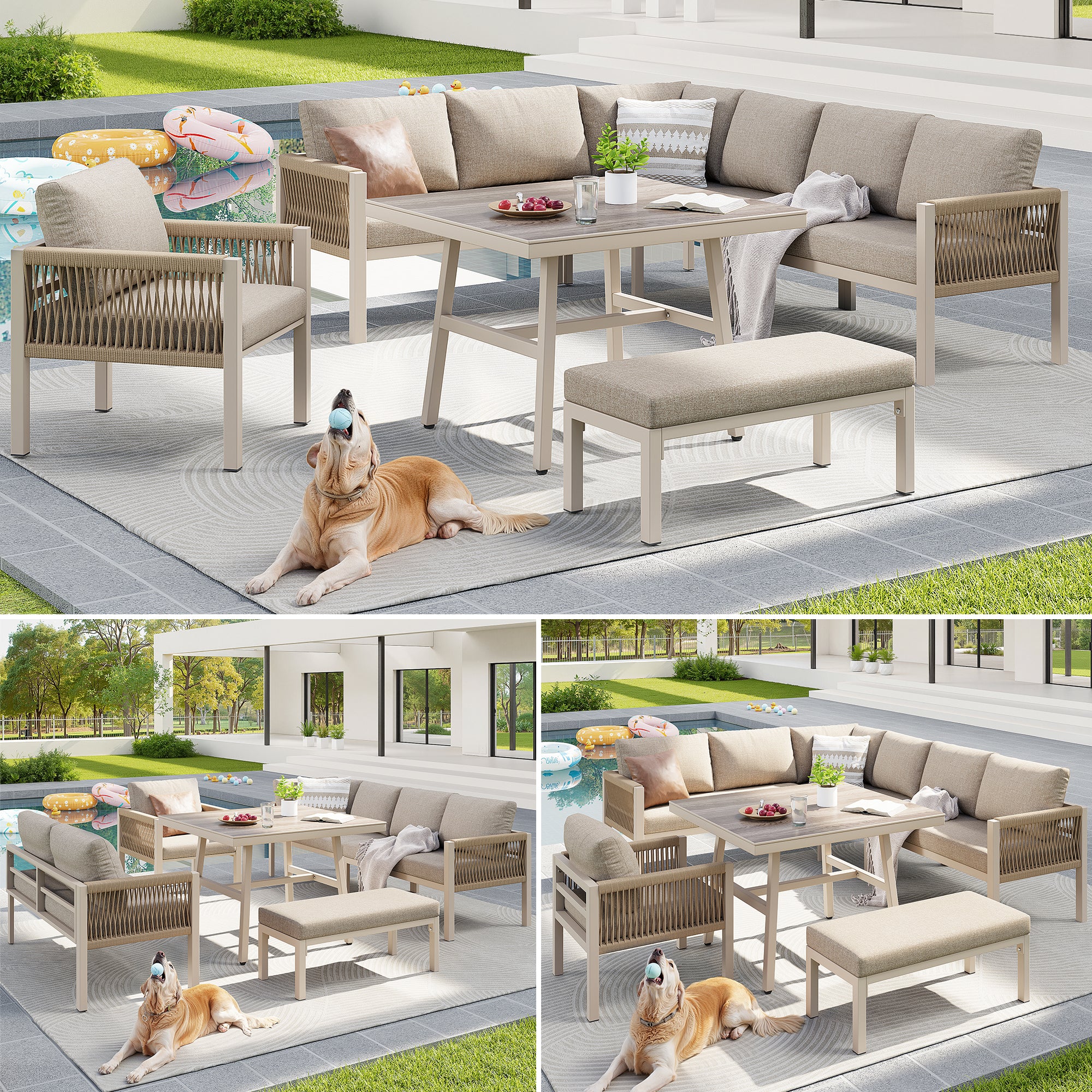 Handwoven L-shaped garden sofa set for up to 8 people, Sturdy iron frame with beige cushions, Complete with table (wood-look glass) & 1 armchair, Weatherproof patio furniture