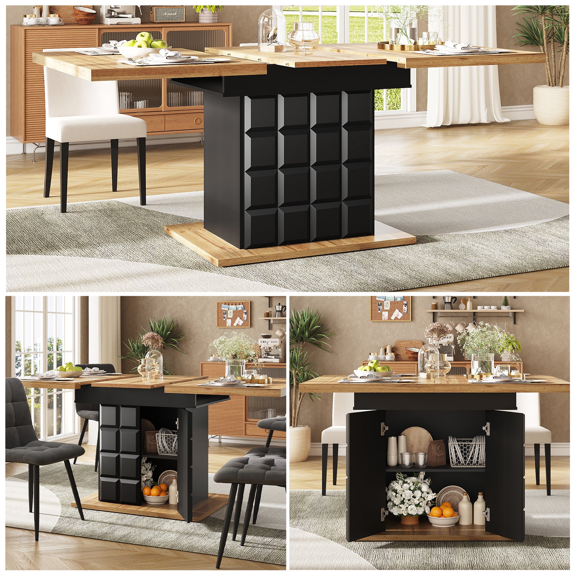 Telescopic dining table (110-140×80cm), foldable kitchen table for 4-6 people, extendable dining table, space-saving kitchen table, for kitchen and living room, table with a checked pattern
