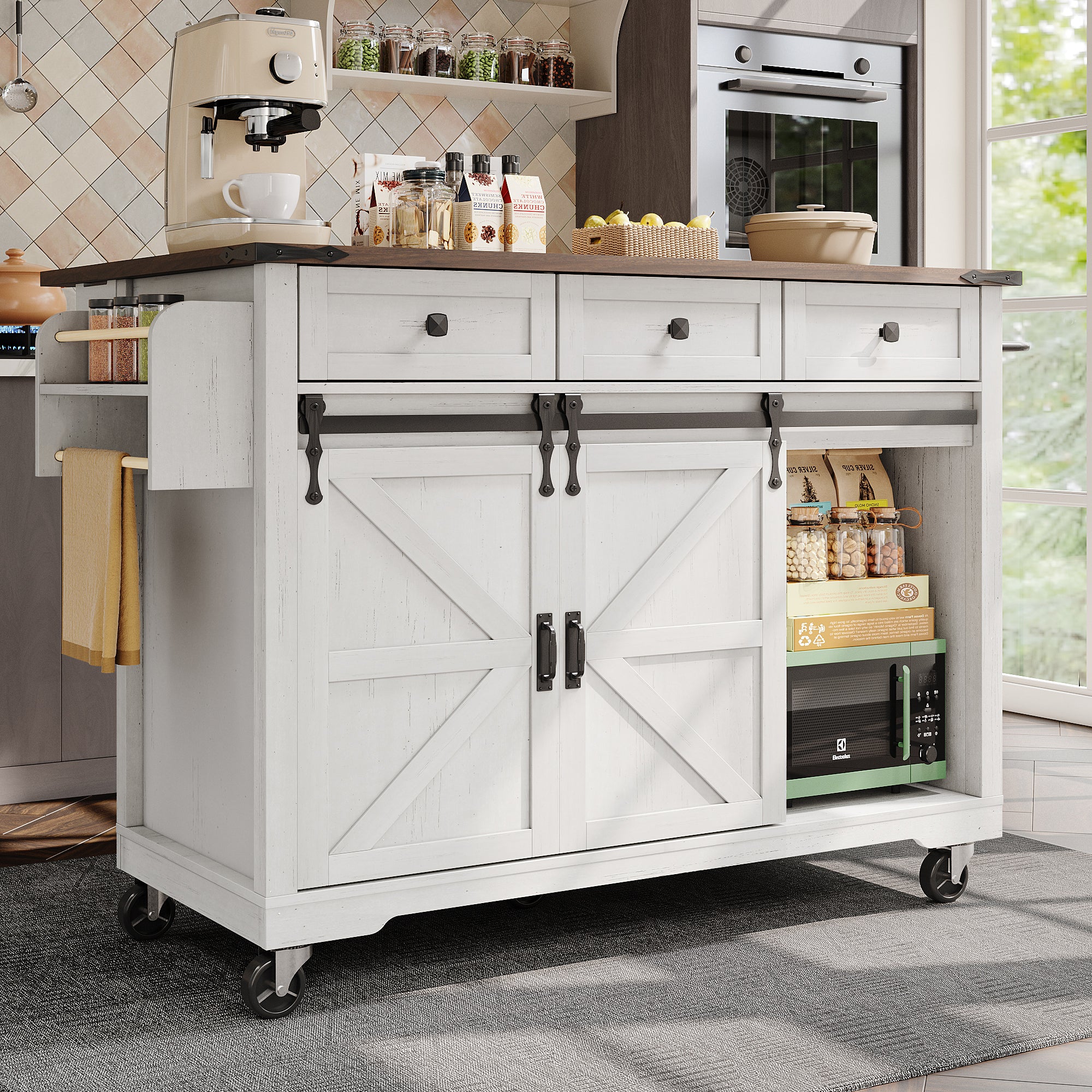 Kitchen island, serving cart with extendable worktop, kitchen cart on wheels, kitchen cabinet with 2 sliding doors and 3 drawers, dining cart with wood grain, kitchen cabinet