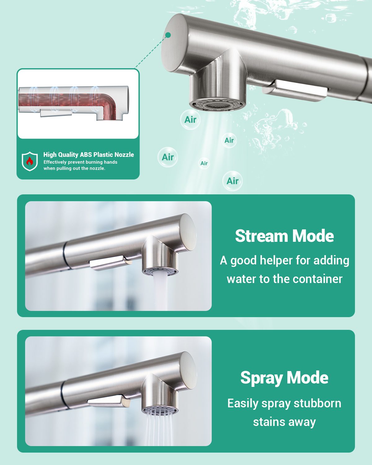 DAYONE Brushed Steel Pull-Out Kitchen Mixer Tap